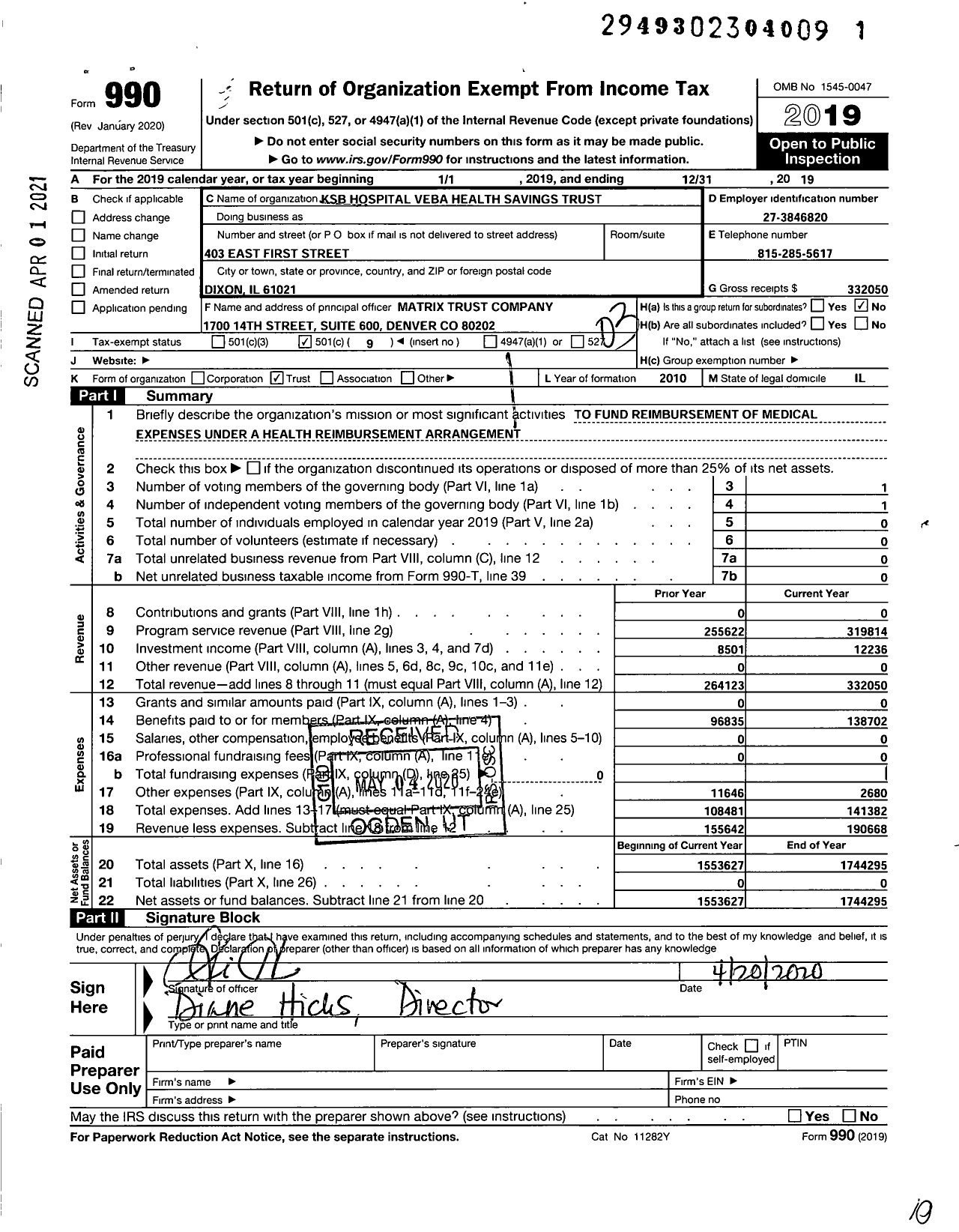 Image of first page of 2019 Form 990 for KSB Hospital Veba Health Savings Trust