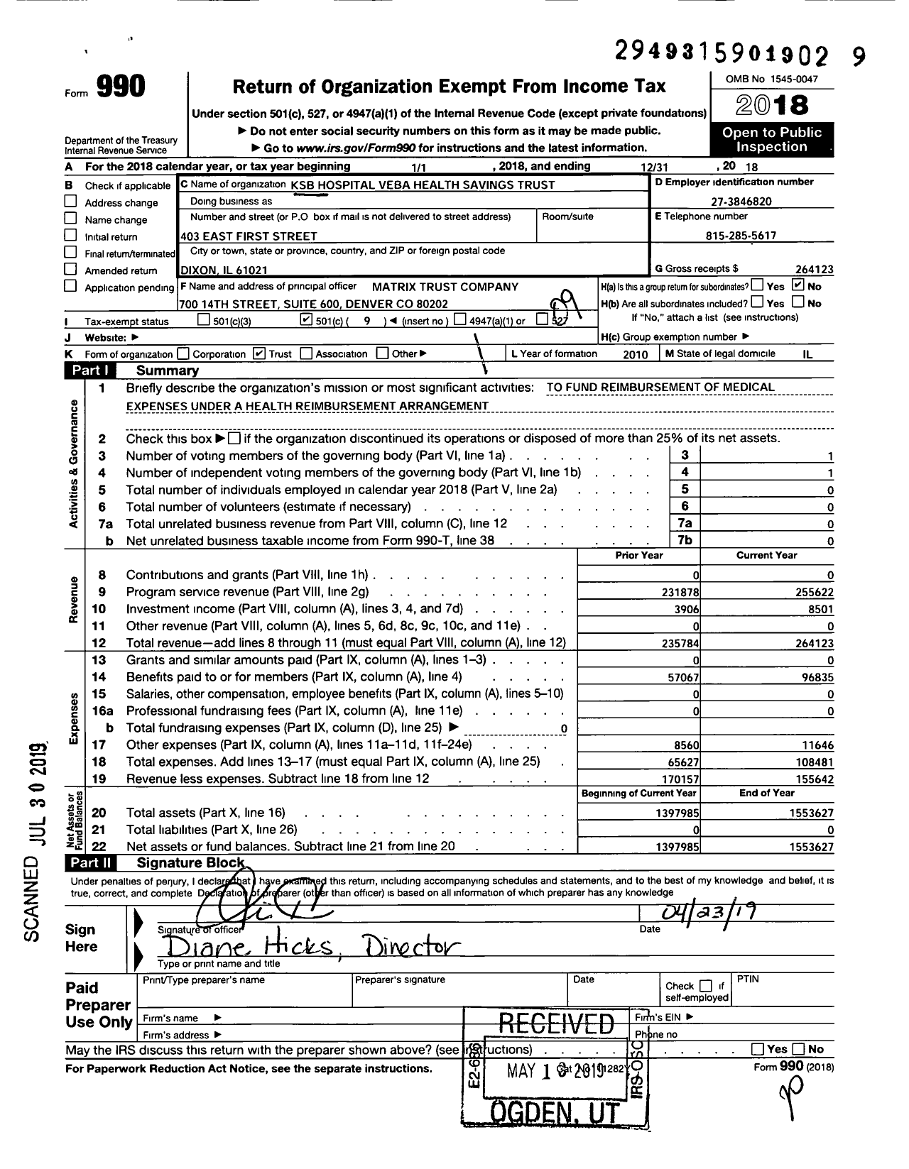 Image of first page of 2018 Form 990O for KSB Hospital Veba Health Savings Trust