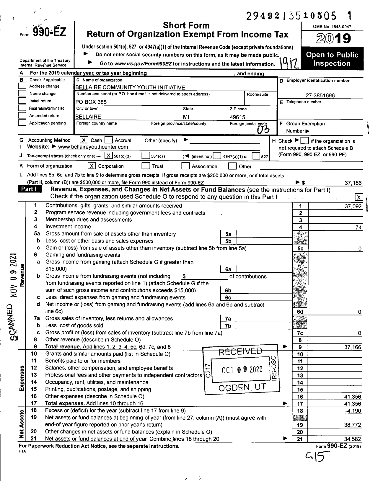 Image of first page of 2019 Form 990EZ for Bellaire Community Youth Initiative