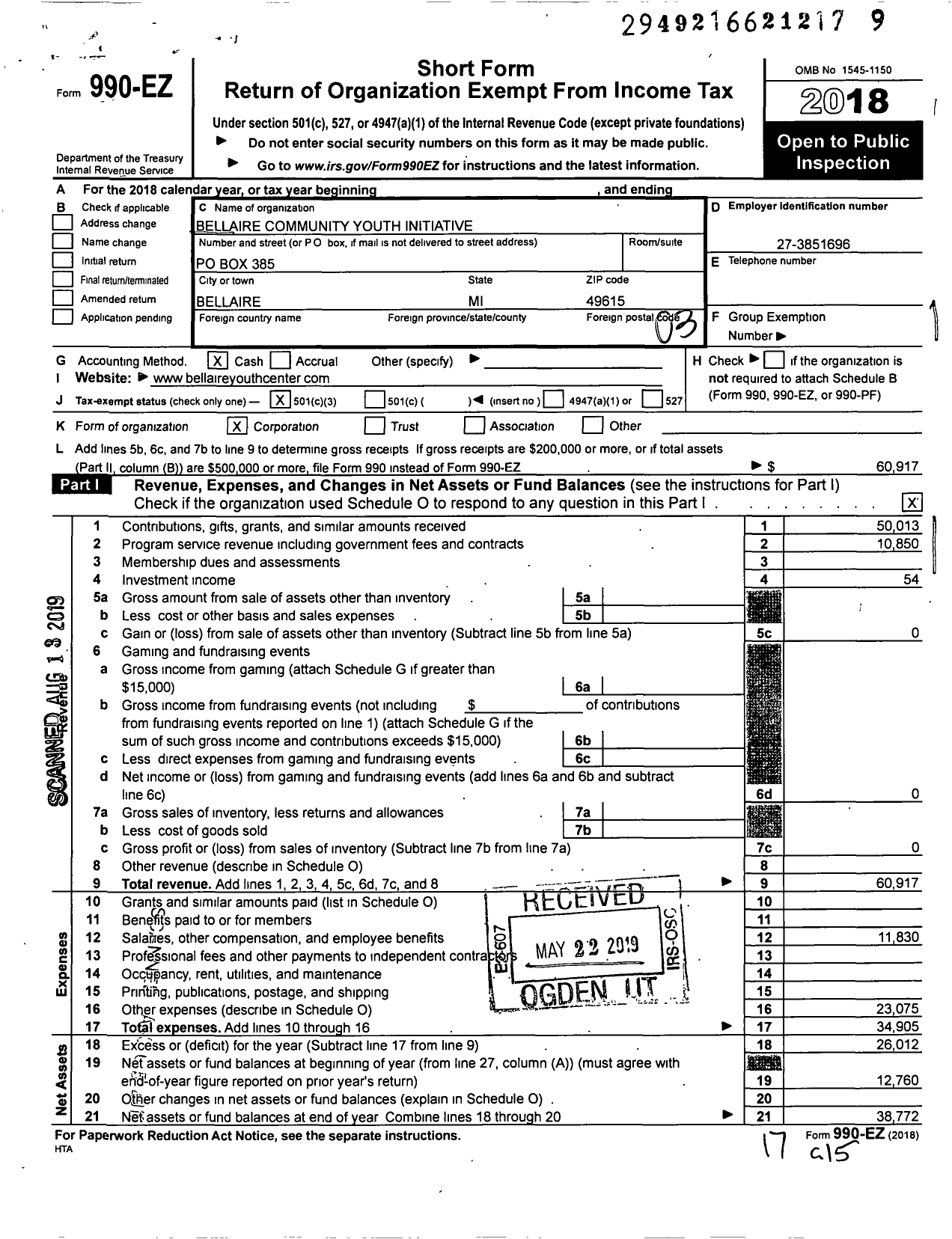 Image of first page of 2018 Form 990EZ for Bellaire Community Youth Initiative