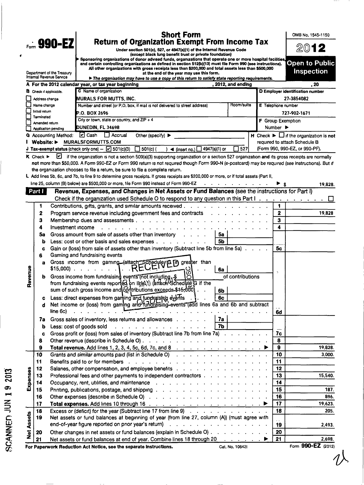 Image of first page of 2012 Form 990EZ for Murals for Mutts