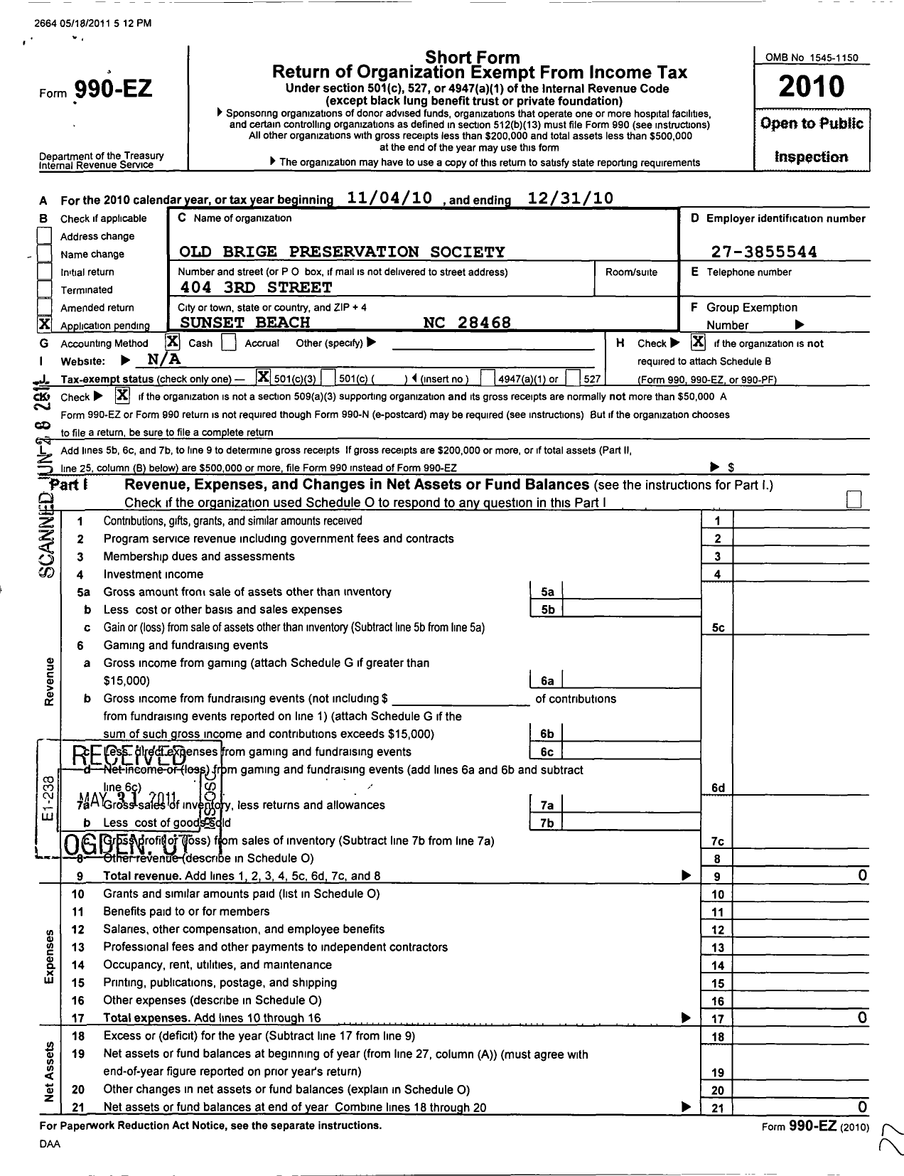 Image of first page of 2010 Form 990EZ for Old Bridge Historical Society