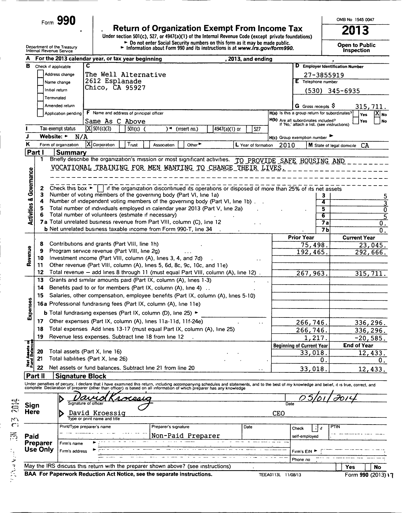 Image of first page of 2013 Form 990 for Well Alternative