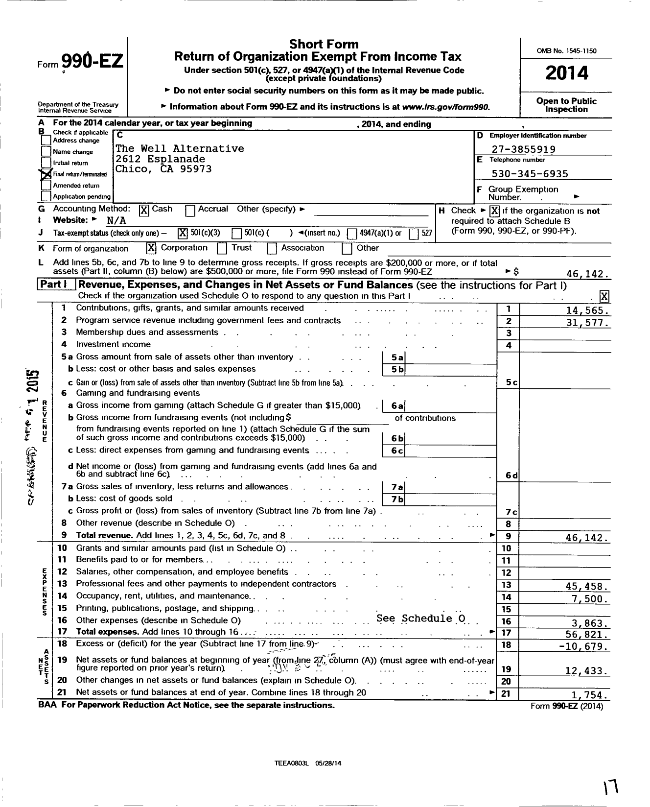 Image of first page of 2014 Form 990EZ for Well Alternative