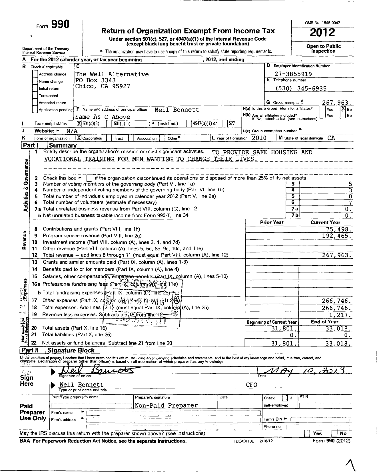 Image of first page of 2012 Form 990 for Well Alternative