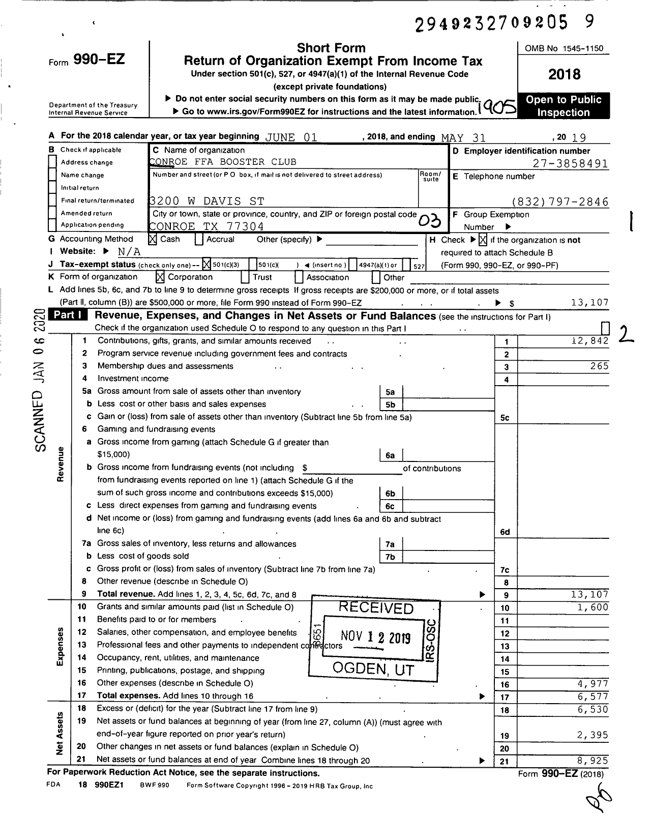 Image of first page of 2018 Form 990EZ for Conroe Ffa Booster Club