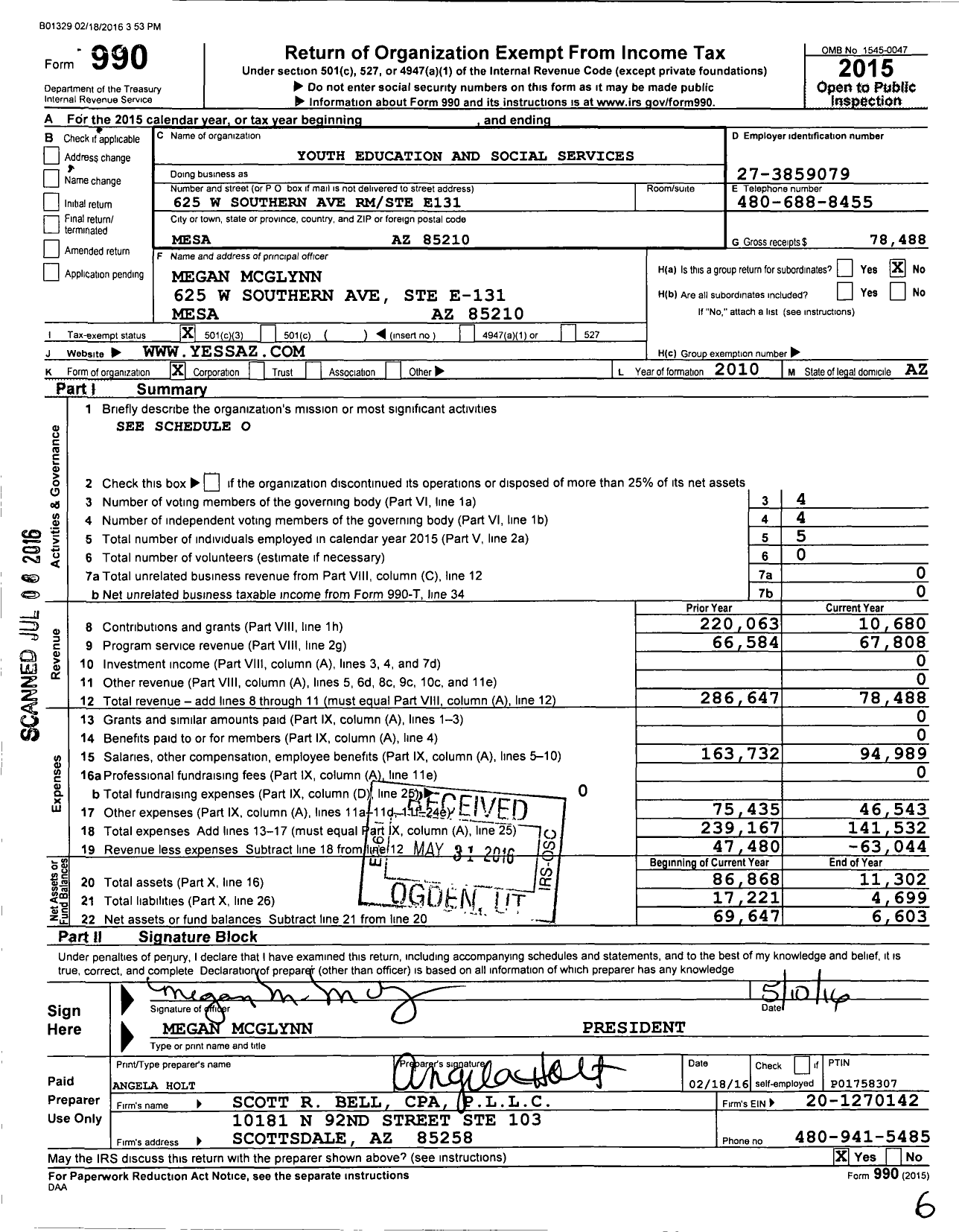 Image of first page of 2015 Form 990 for Youth Education and Social Services