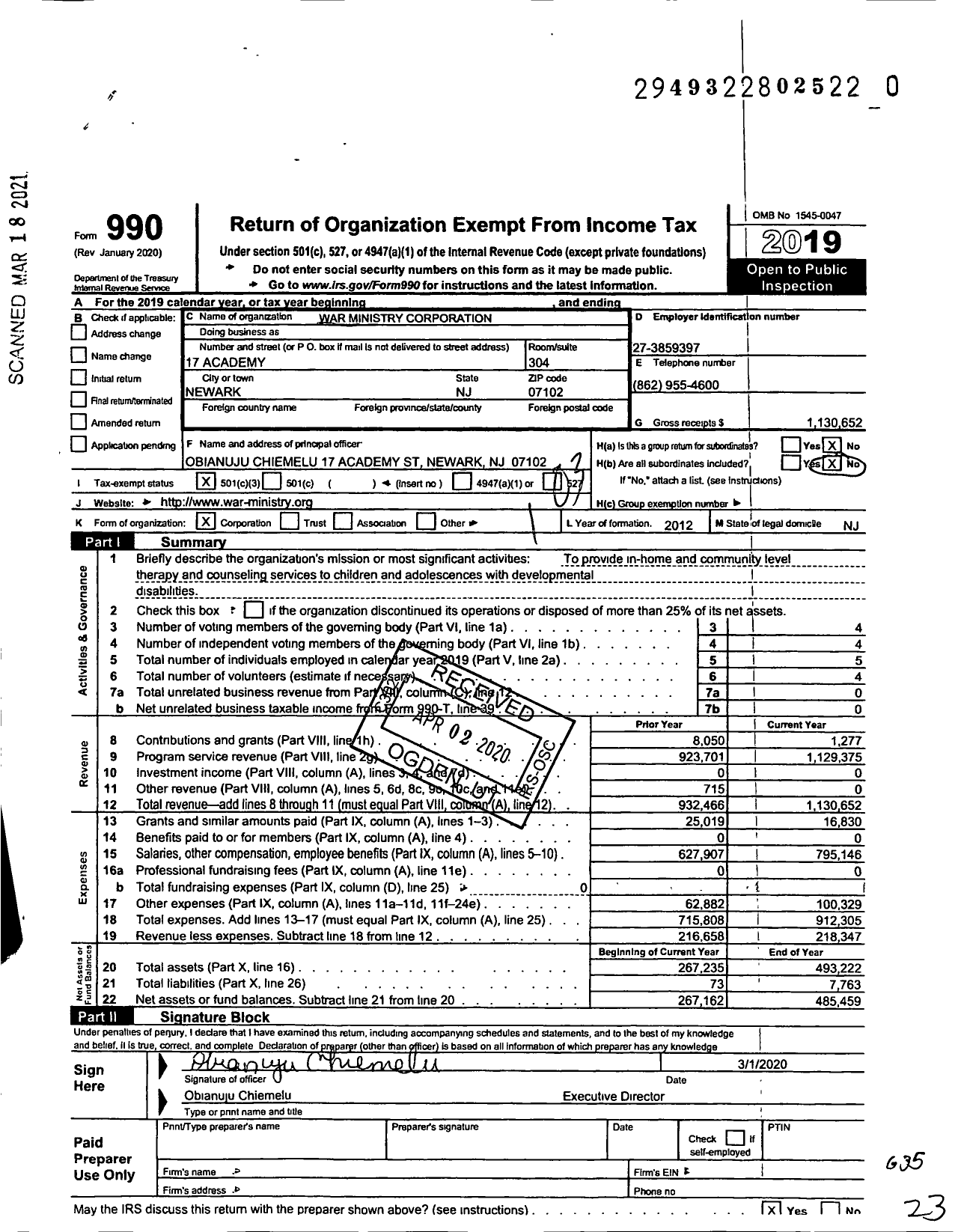 Image of first page of 2019 Form 990 for WAR Ministry Corporation