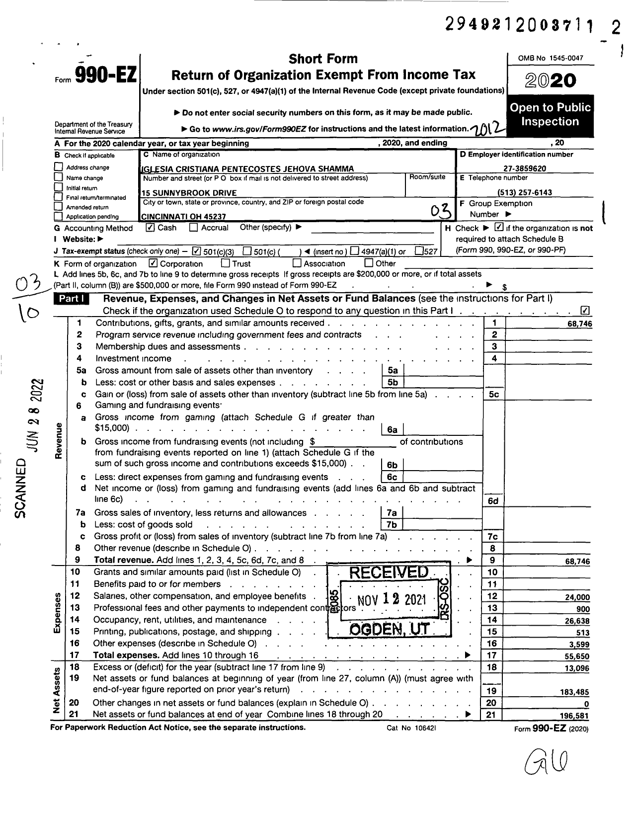 Image of first page of 2020 Form 990EZ for Iglesia Cristiana Pentecostes Jehova Shamma