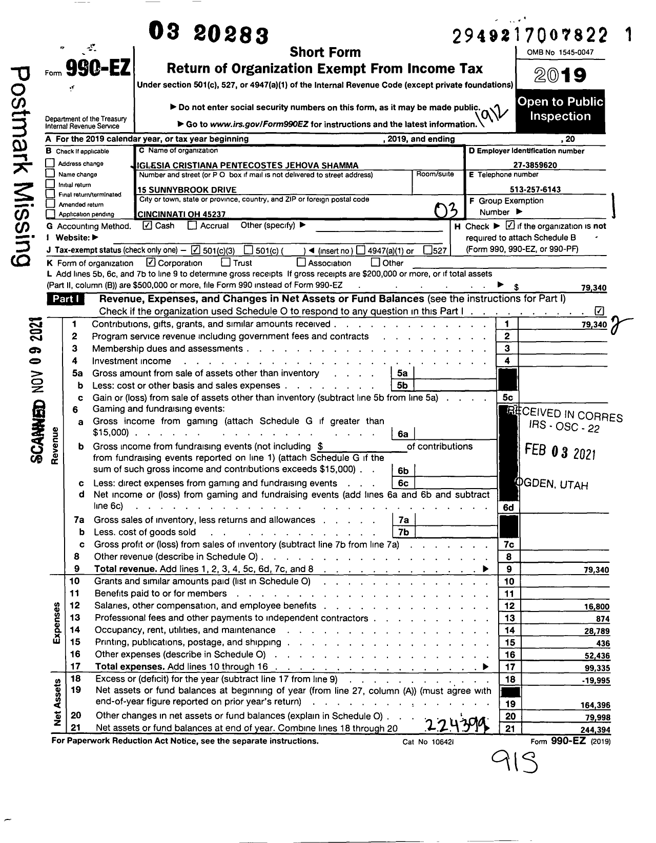 Image of first page of 2019 Form 990EZ for Iglesia Cristiana Pentecostes Jehova Shamma