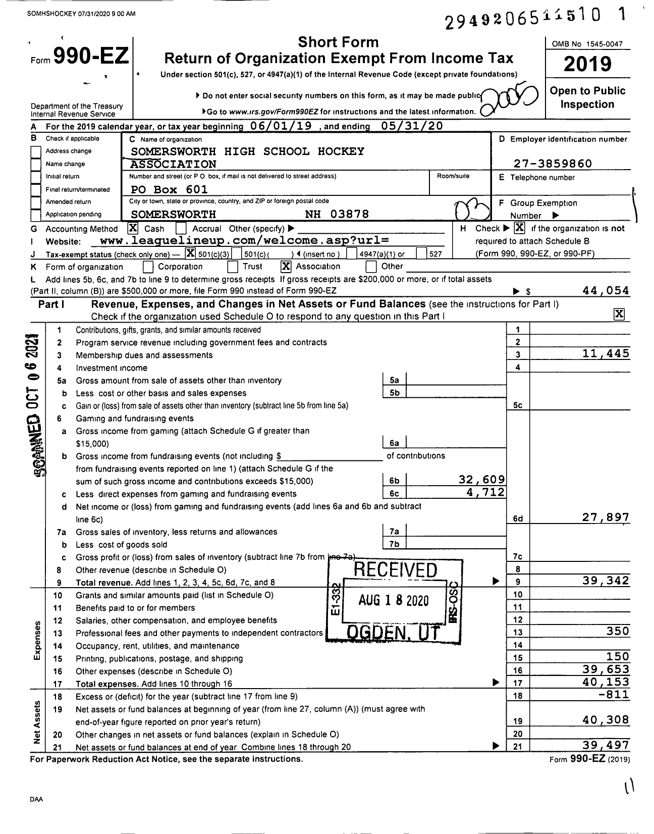 Image of first page of 2019 Form 990EZ for Somersworth Coe-Brown High School Hockey Association