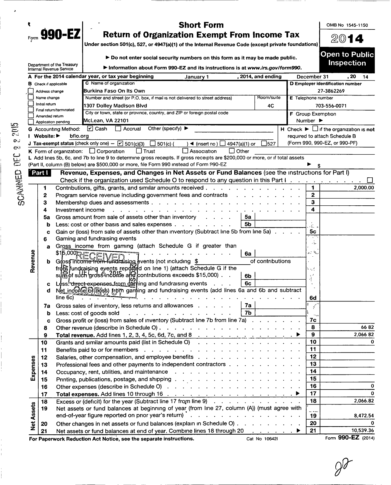 Image of first page of 2014 Form 990EZ for Burkina Faso on Its Own