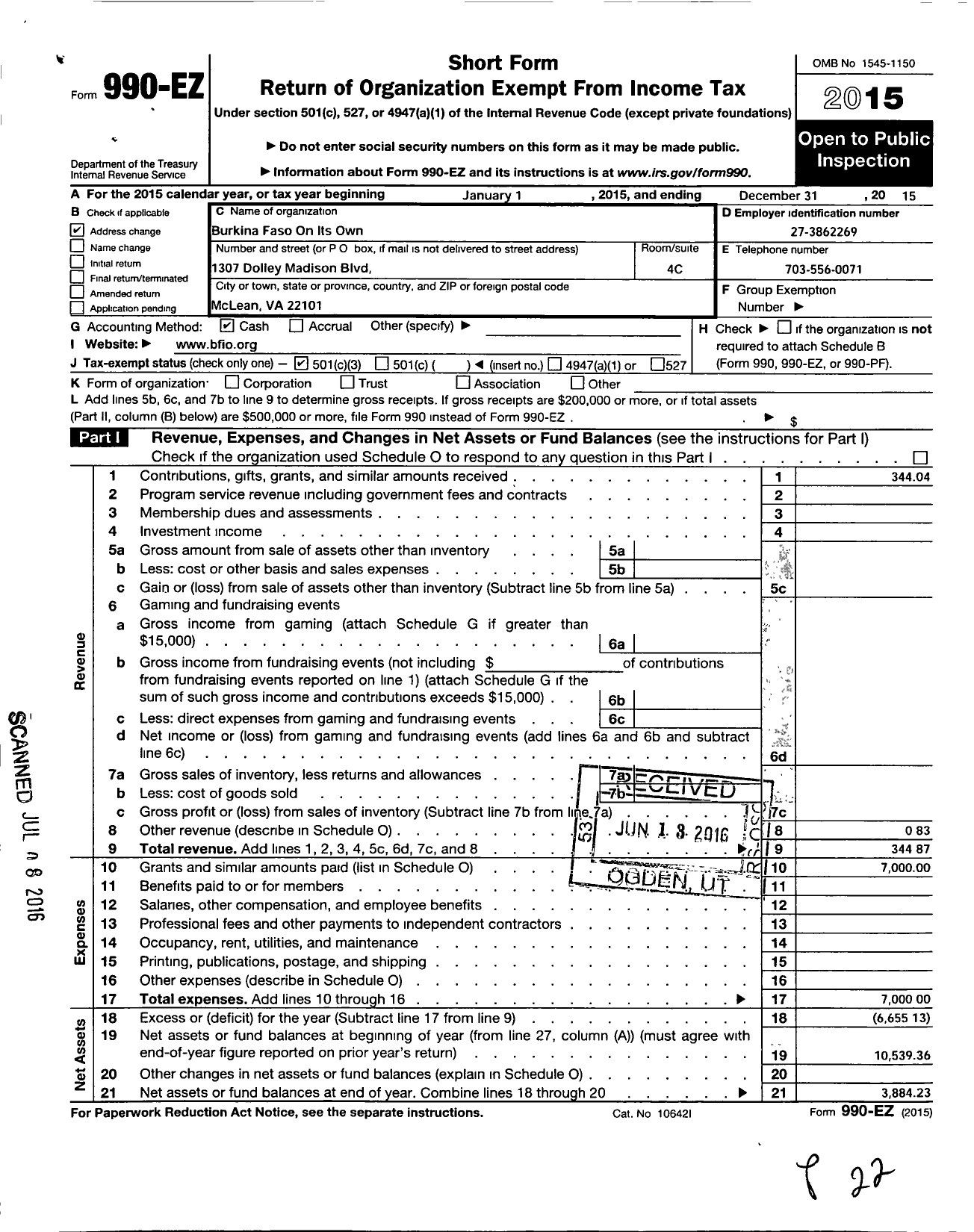 Image of first page of 2015 Form 990EZ for Burkina Faso on Its Own