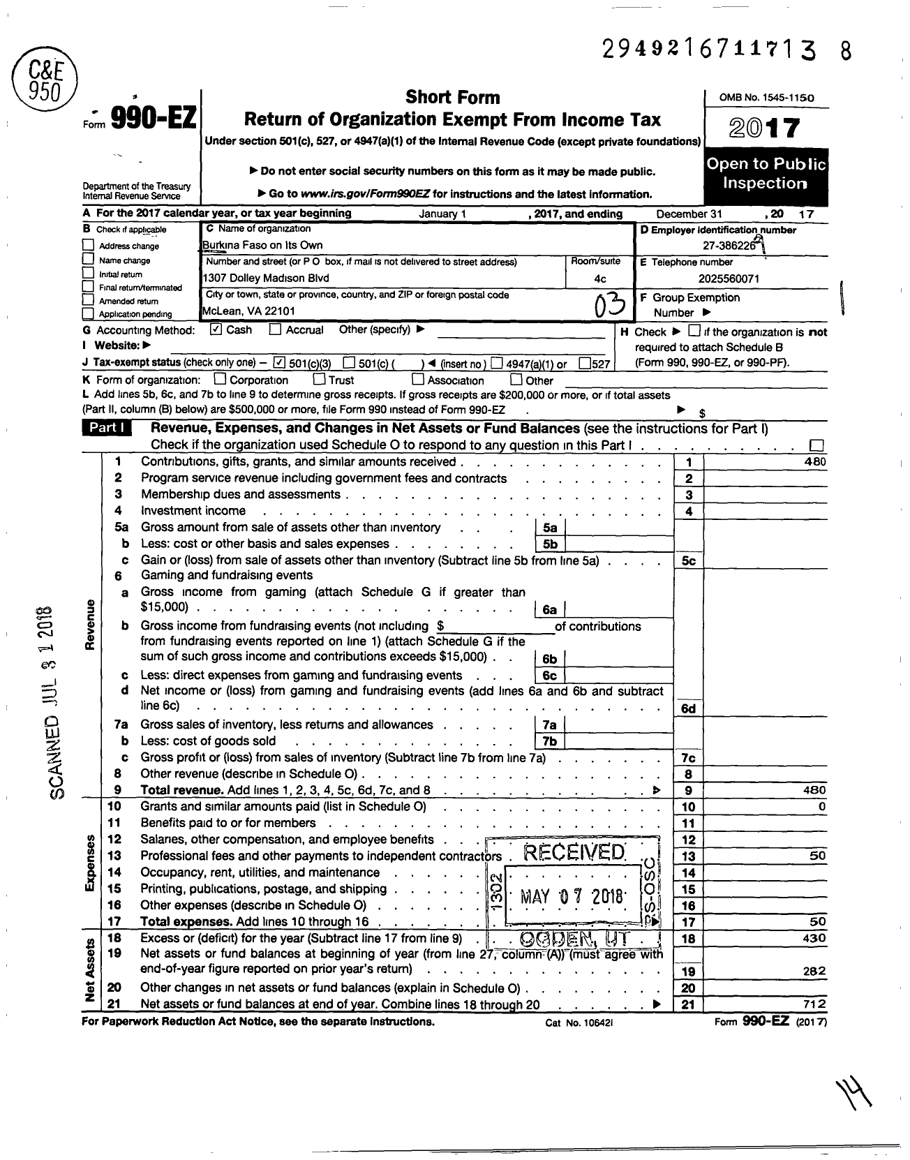 Image of first page of 2017 Form 990EZ for Burkina Faso on Its Own