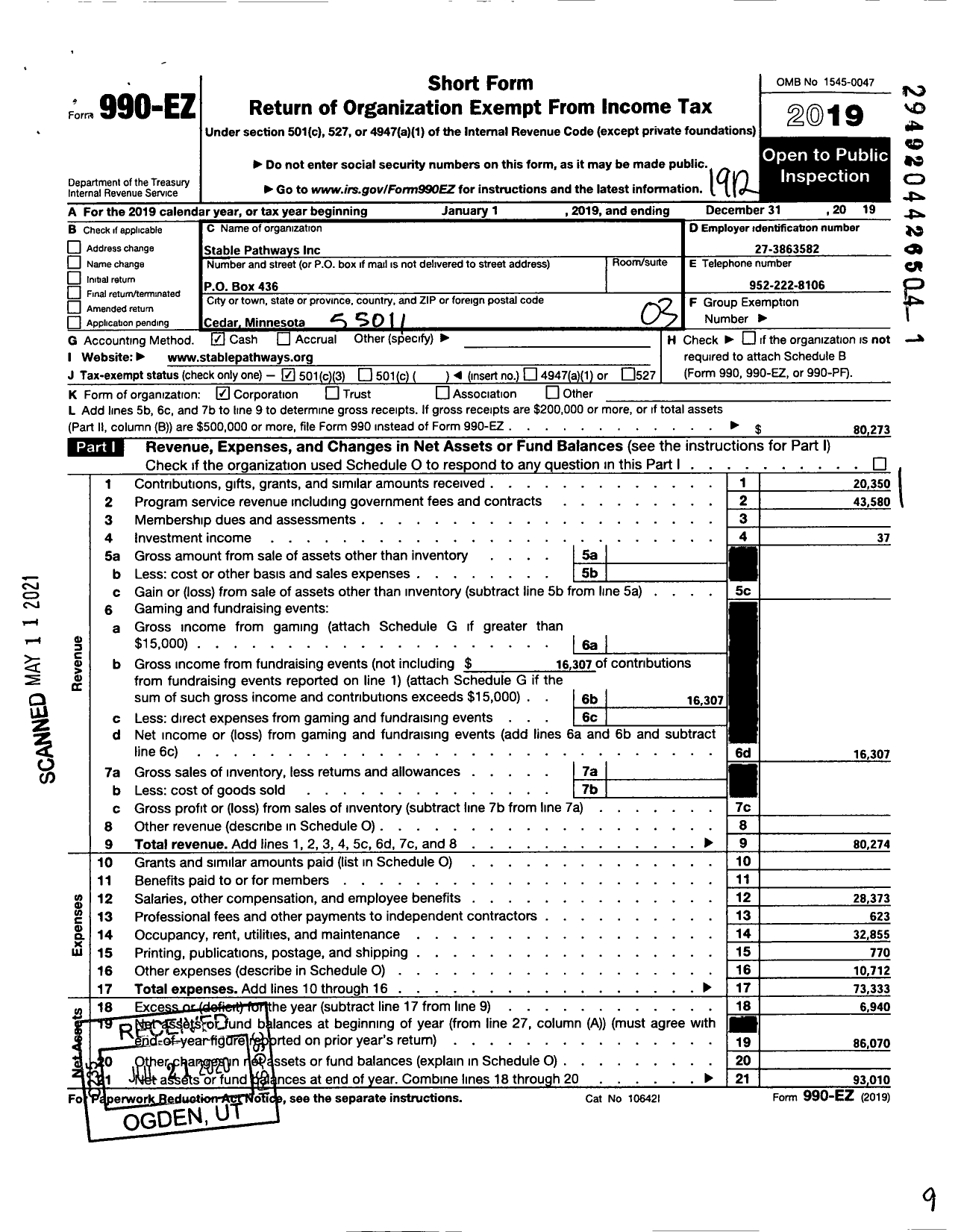 Image of first page of 2019 Form 990EZ for Stable Pathways