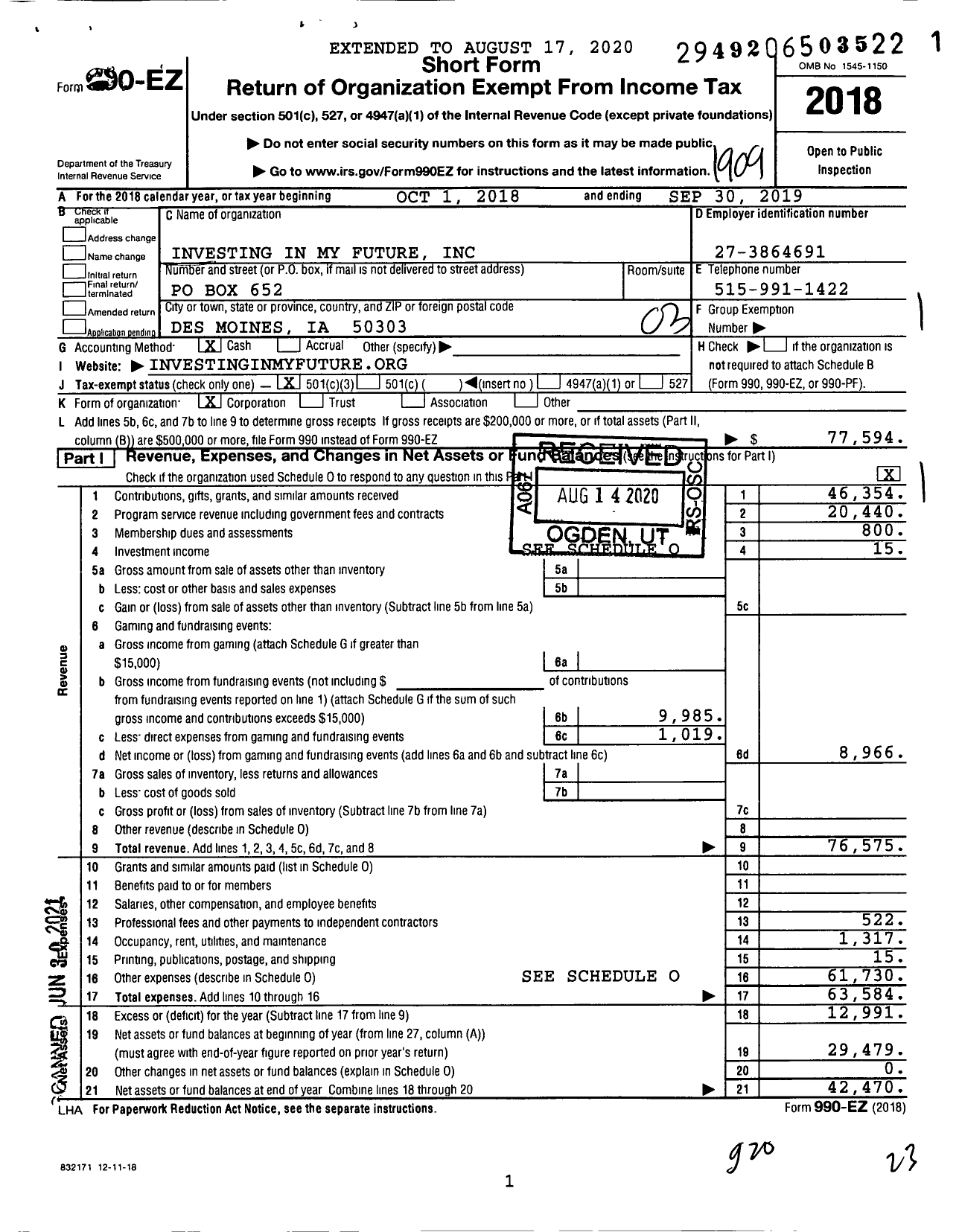 Image of first page of 2018 Form 990EZ for Investing in My Future