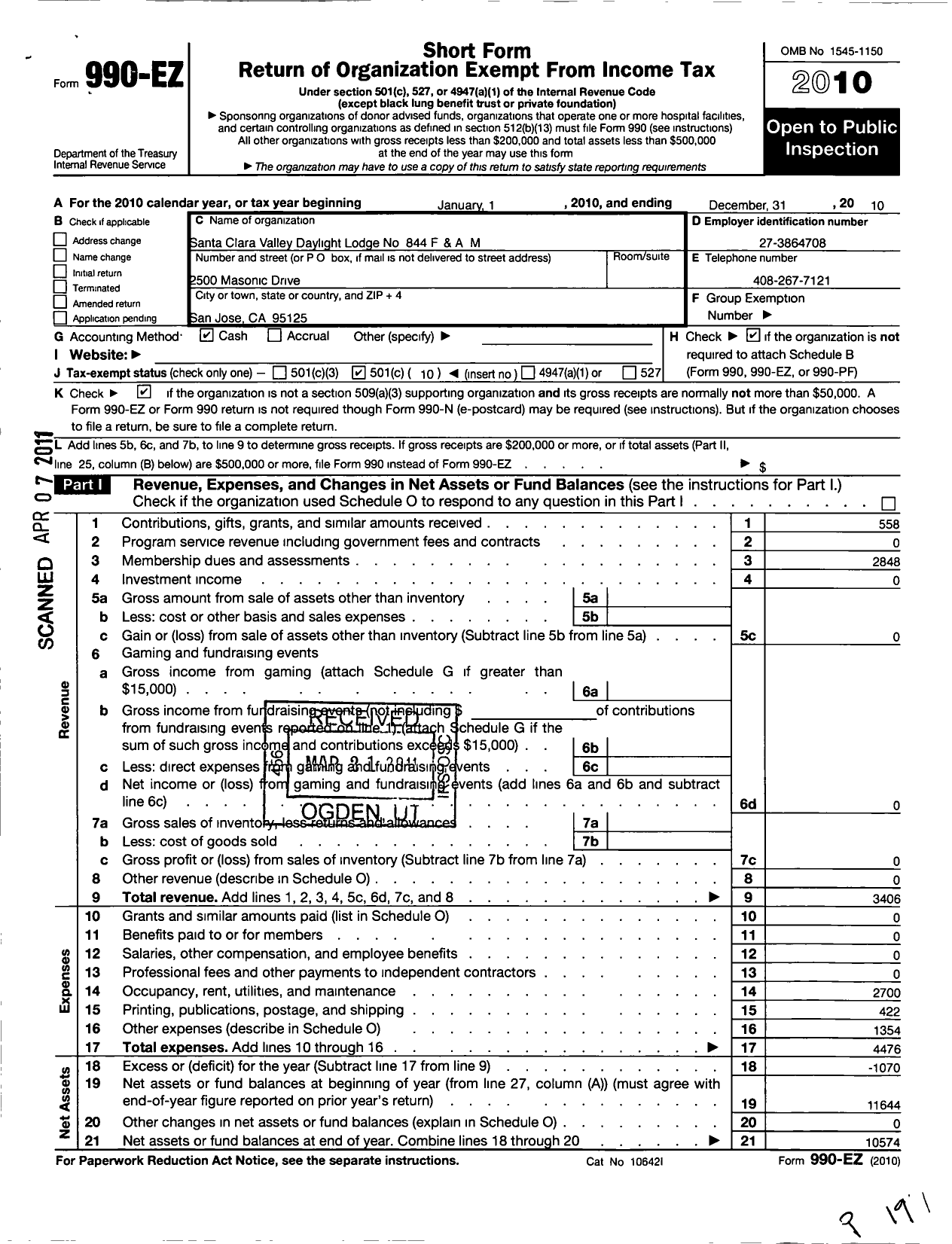 Image of first page of 2010 Form 990EO for Masons of California - 844 Santa Clara Daylight Lodge