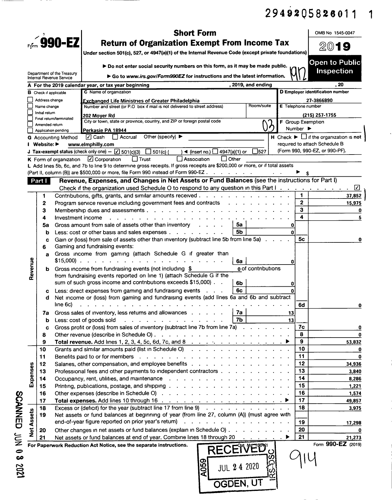 Image of first page of 2019 Form 990EZ for Redeeming Hearts Ministries