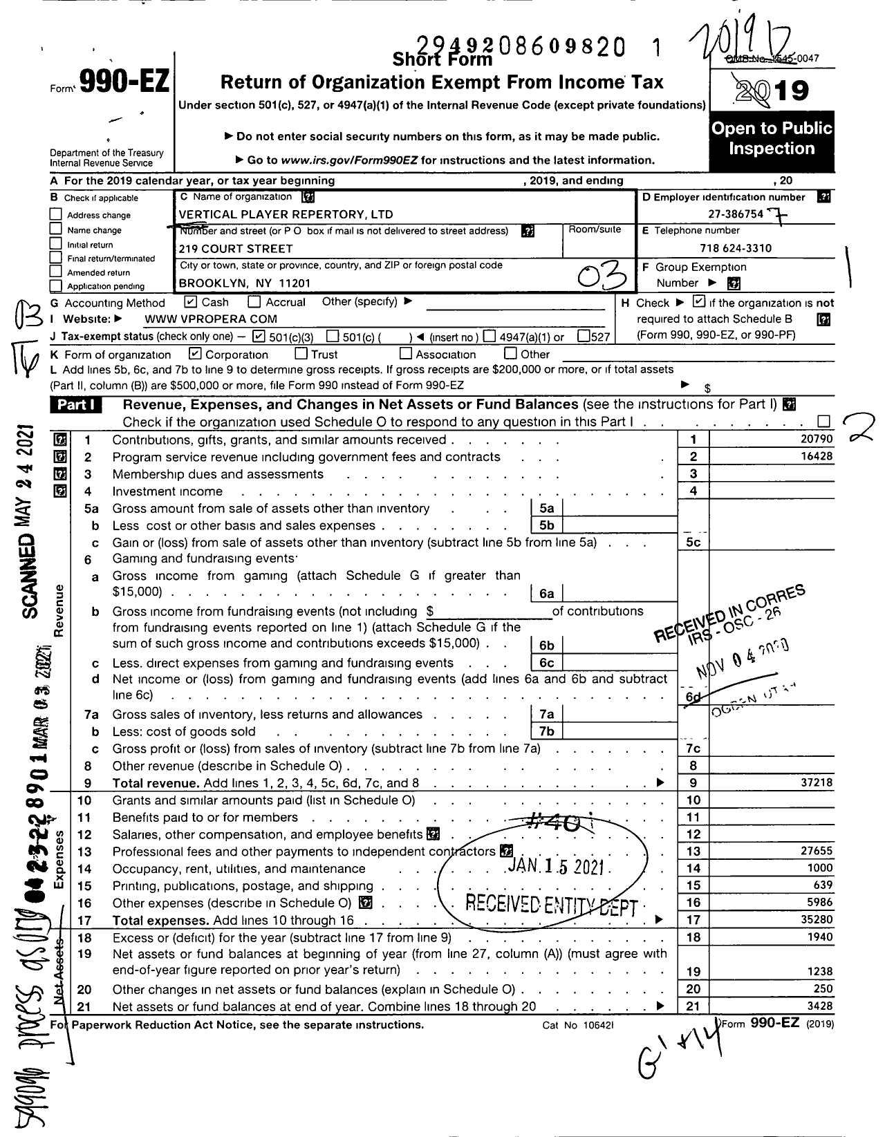 Image of first page of 2019 Form 990EZ for Vertical Player Repertory