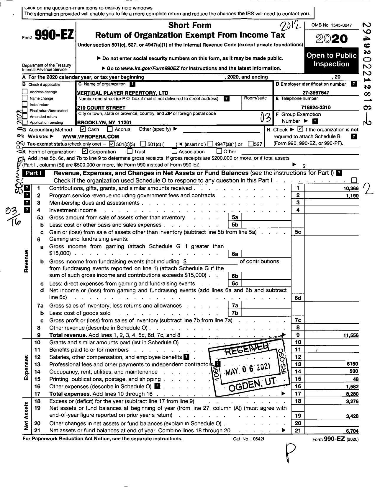 Image of first page of 2020 Form 990EZ for Vertical Player Repertory