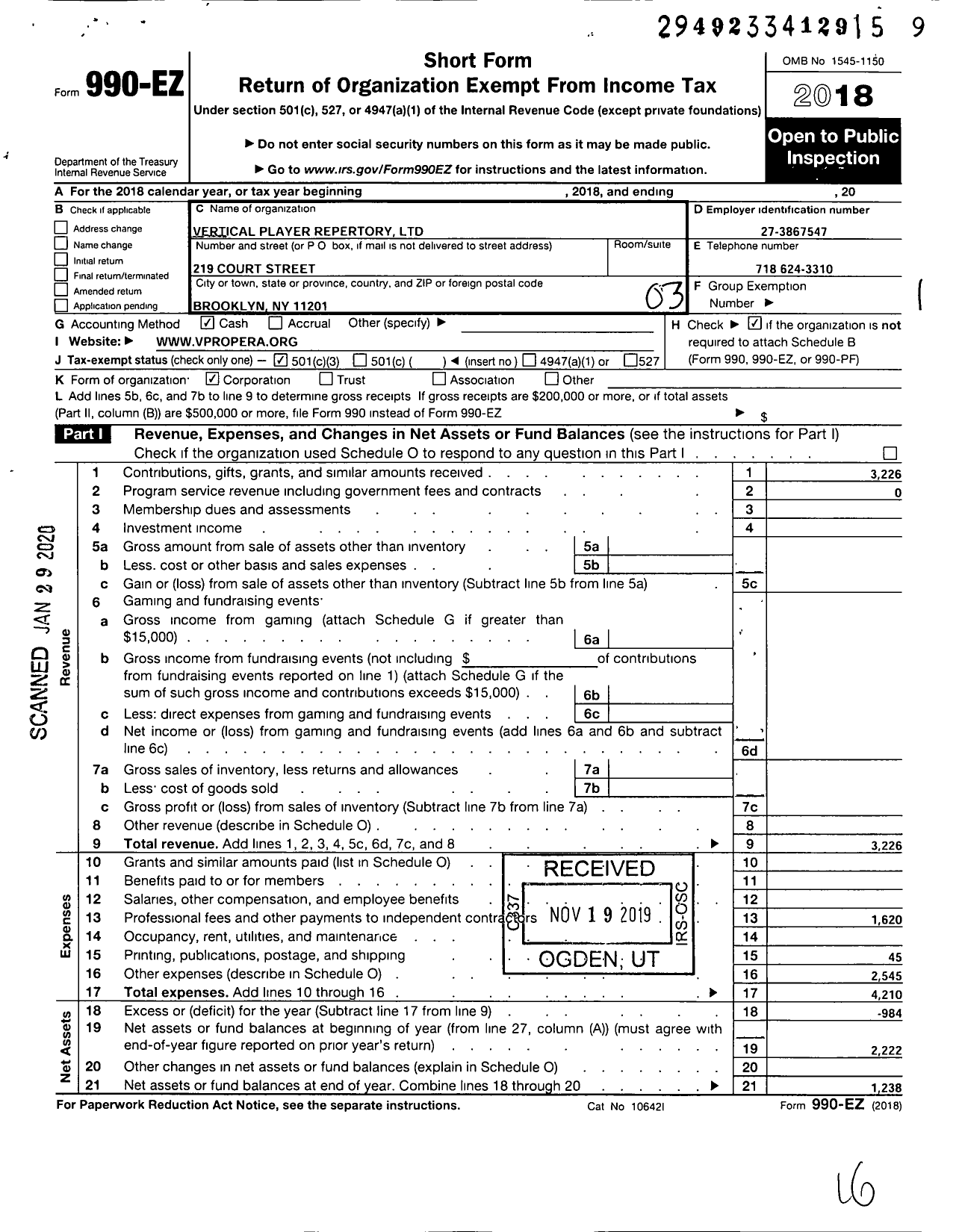 Image of first page of 2018 Form 990EZ for Vertical Player Repertory