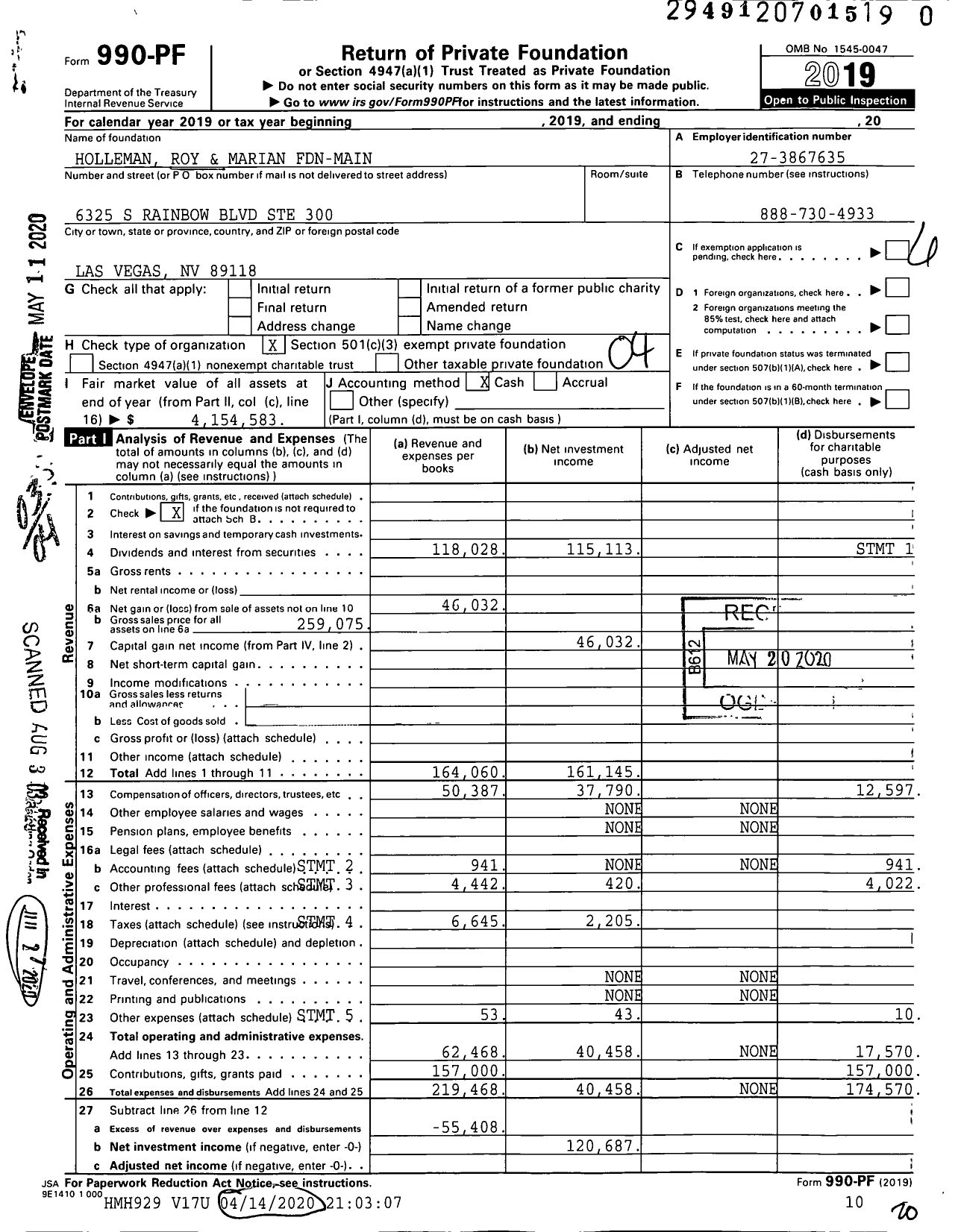 Image of first page of 2019 Form 990PR for Holleman Roy and Marian Fdn-Main