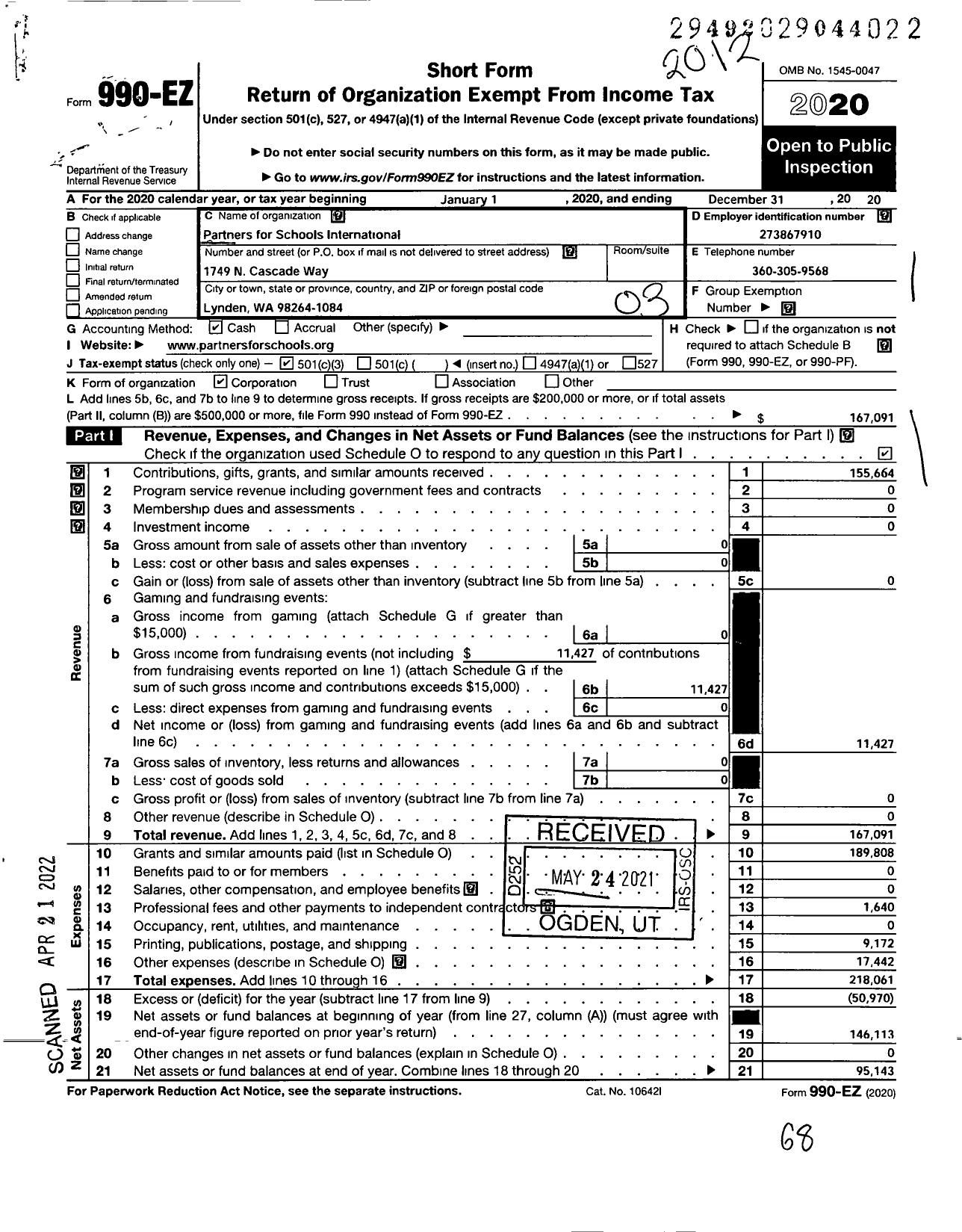 Image of first page of 2020 Form 990EZ for Partners for Schools International