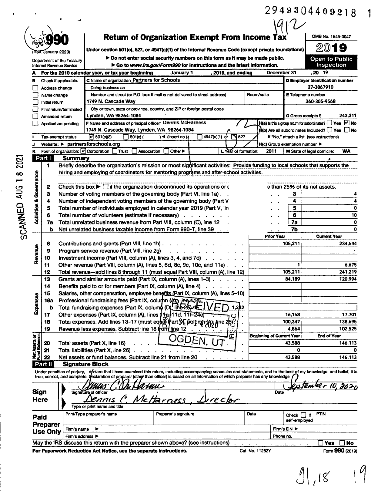 Image of first page of 2019 Form 990 for Partners for Schools International