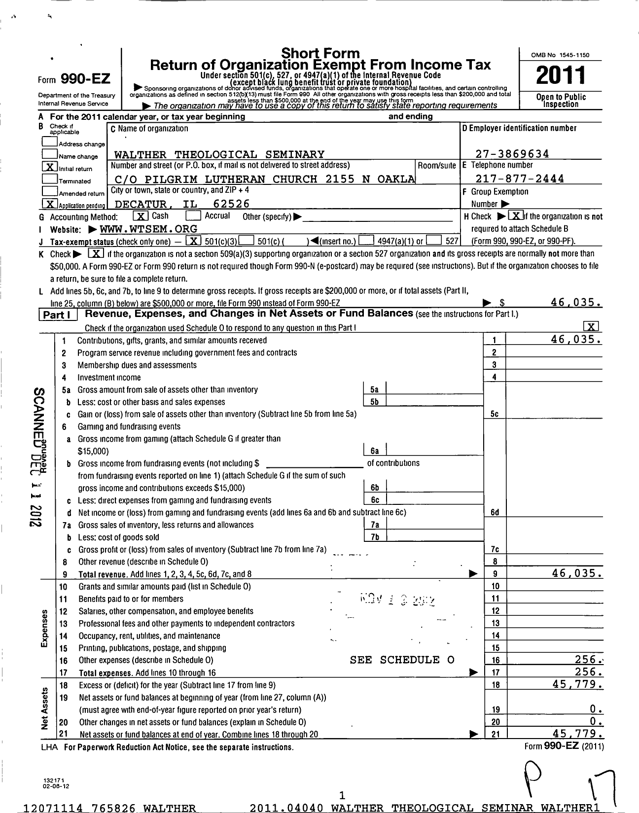 Image of first page of 2011 Form 990EZ for Walther Theological Seminary