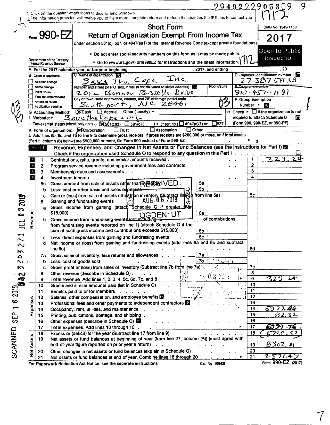 Image of first page of 2017 Form 990EZ for Save the Cape