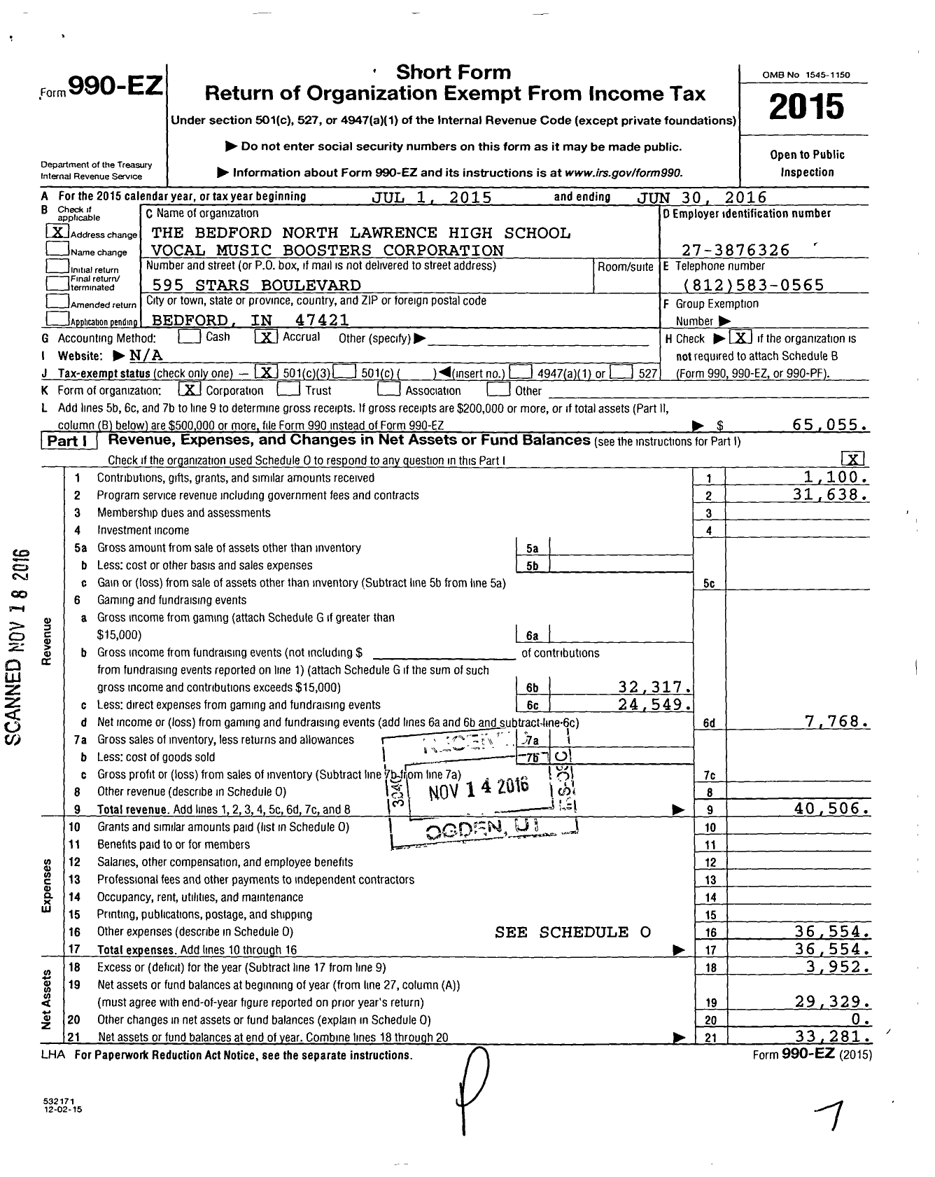 Image of first page of 2015 Form 990EZ for Parent Booster USA / Bedford North Lawrence Vocal Music