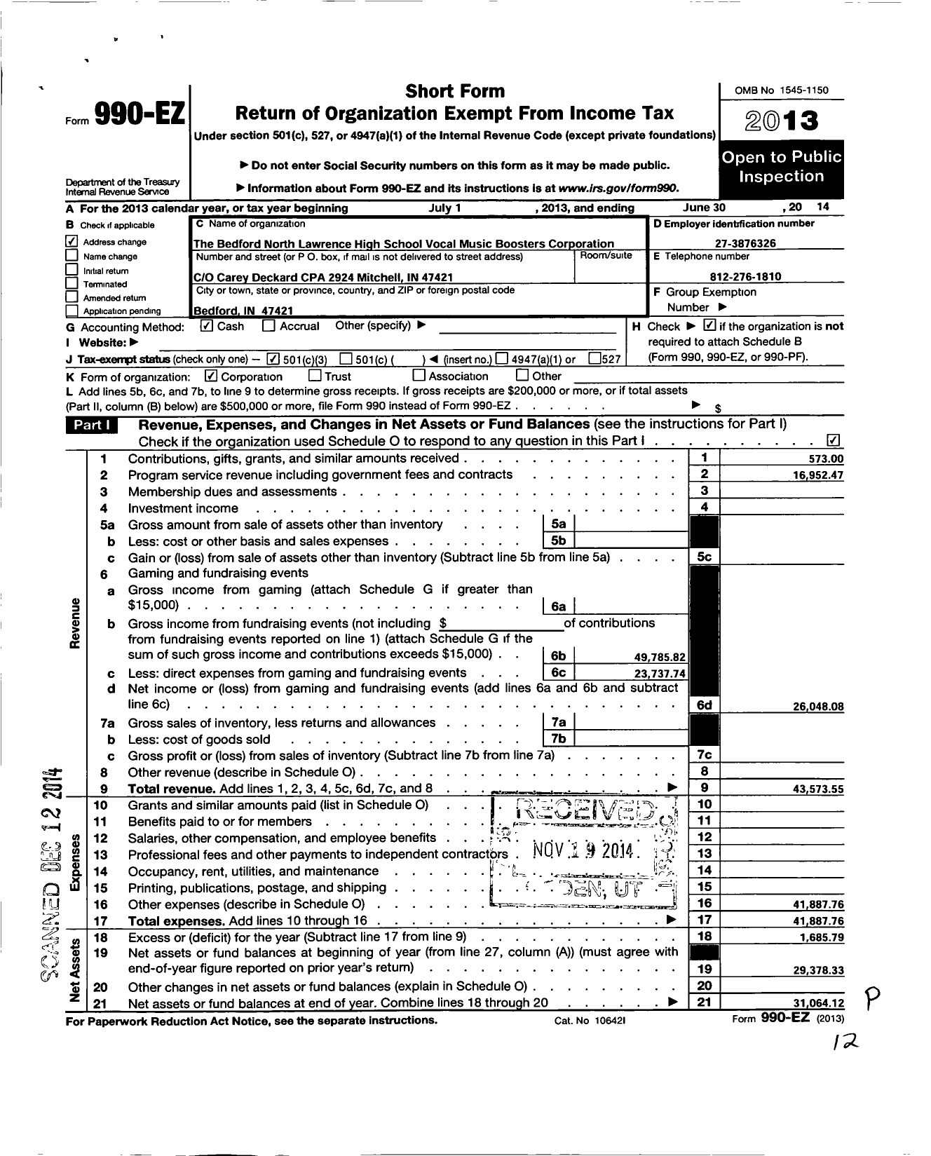 Image of first page of 2013 Form 990EZ for Parent Booster USA / Bedford North Lawrence Vocal Music