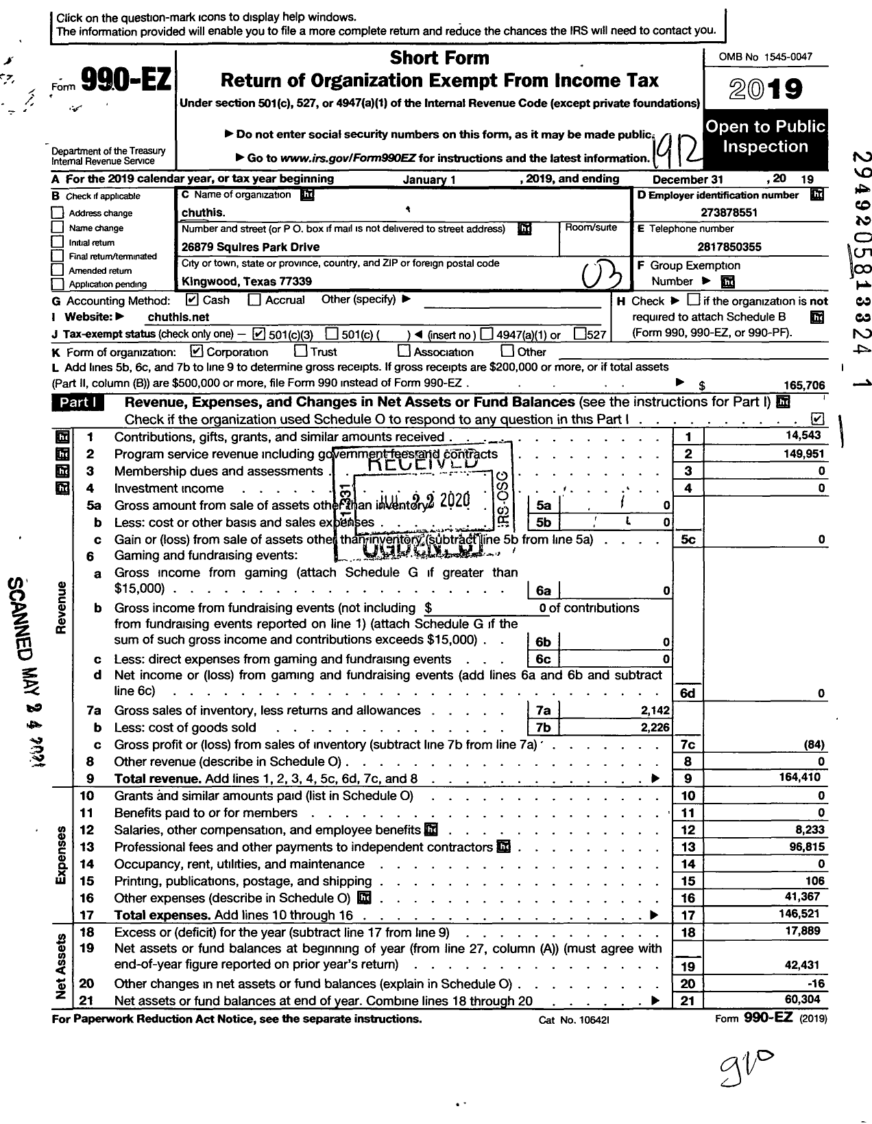 Image of first page of 2019 Form 990EZ for Chuthis