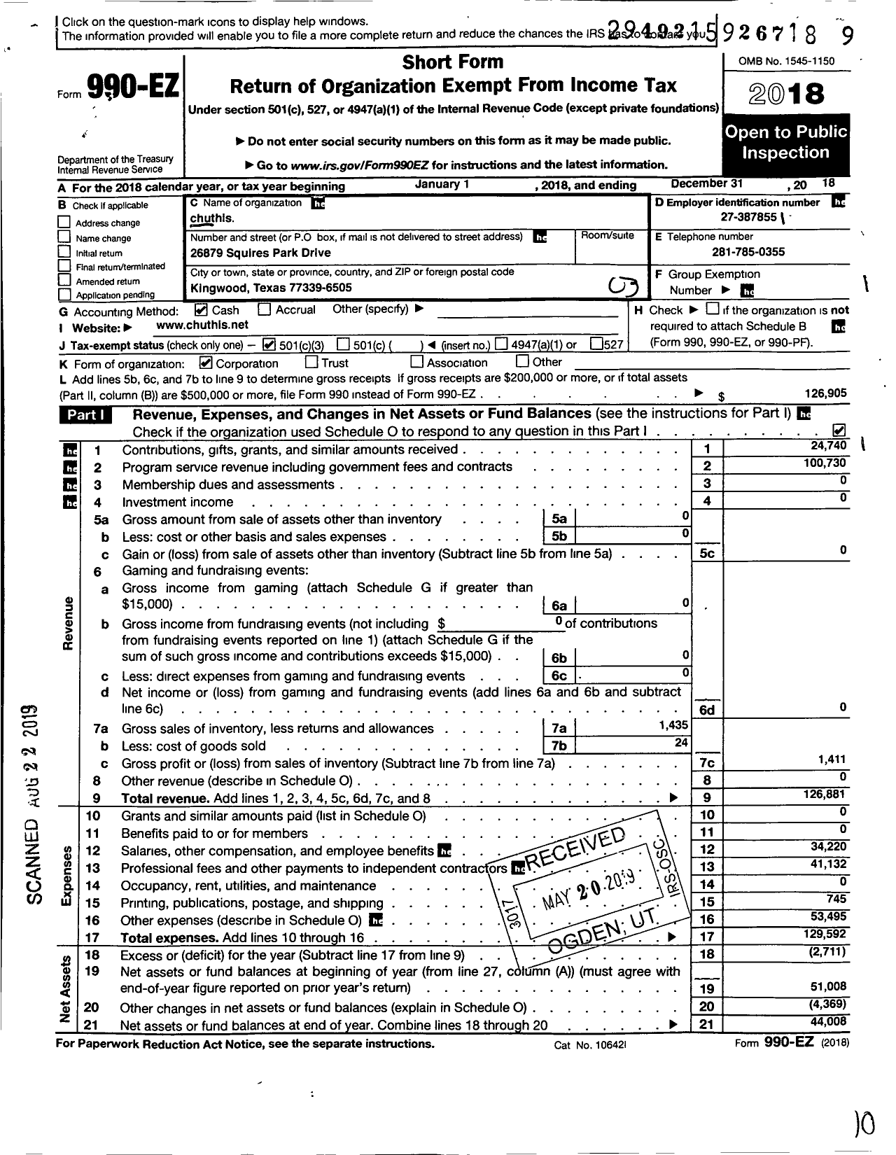 Image of first page of 2018 Form 990EZ for Chuthis