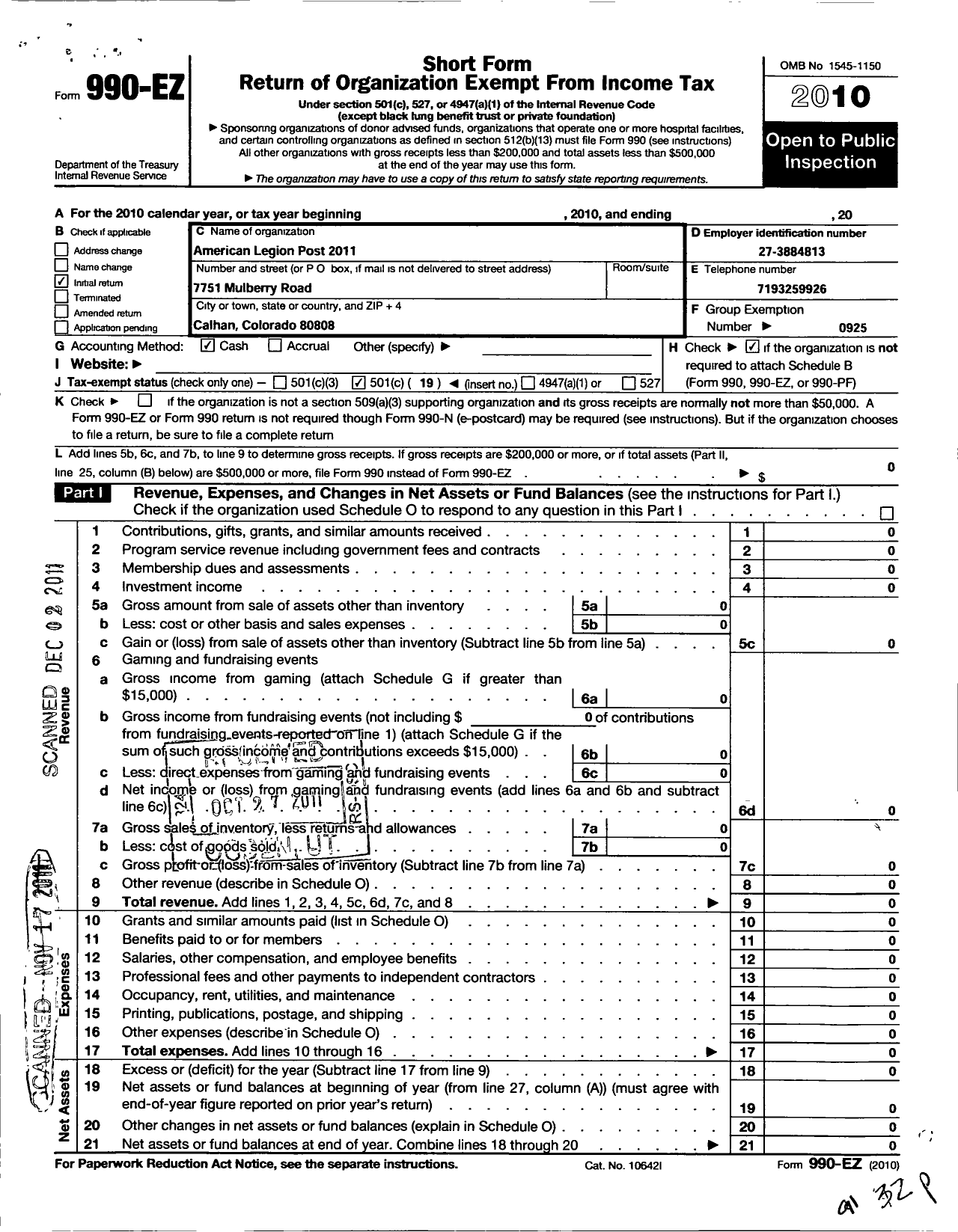 Image of first page of 2010 Form 990EO for American Legion