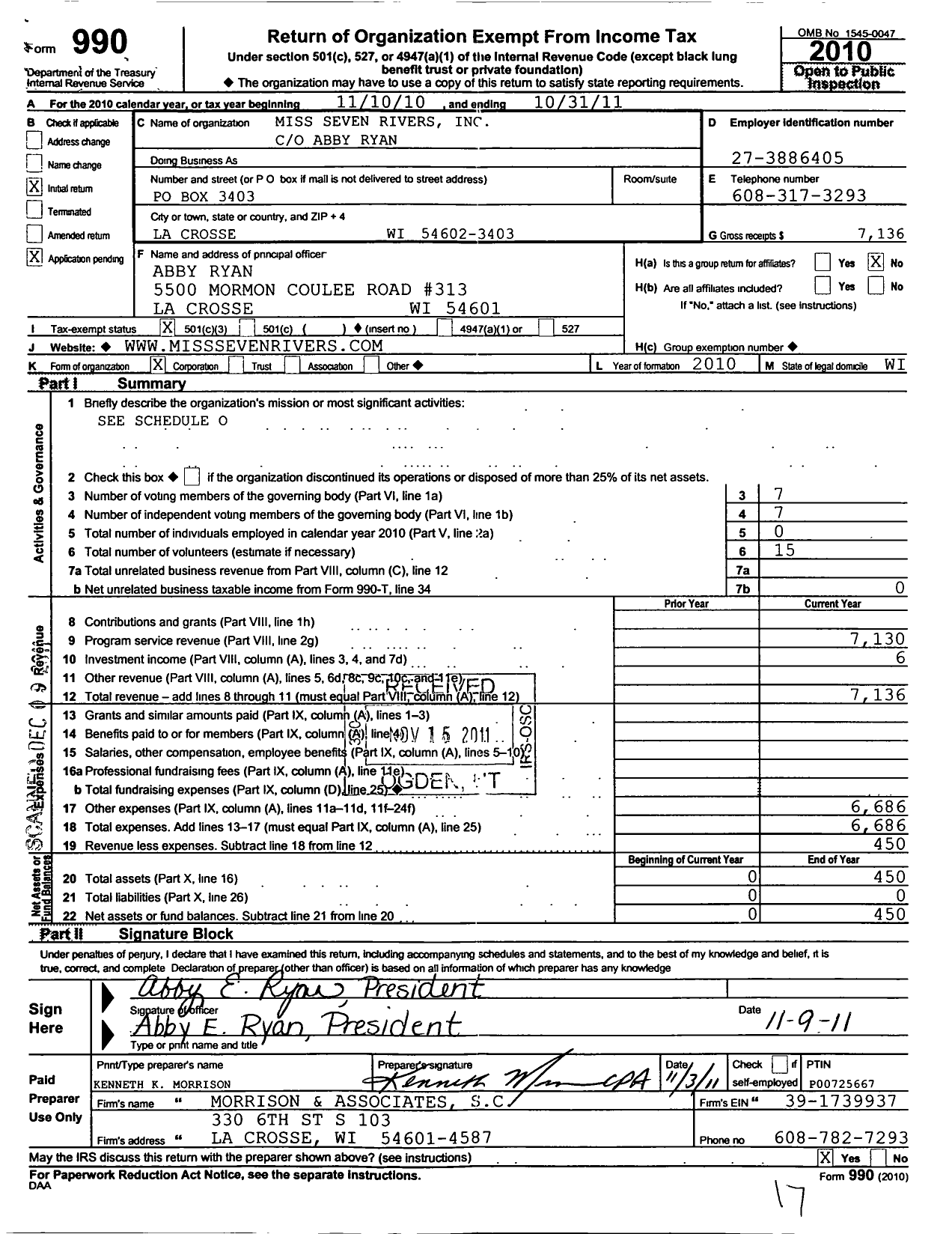 Image of first page of 2010 Form 990 for Miss Seven Rivers