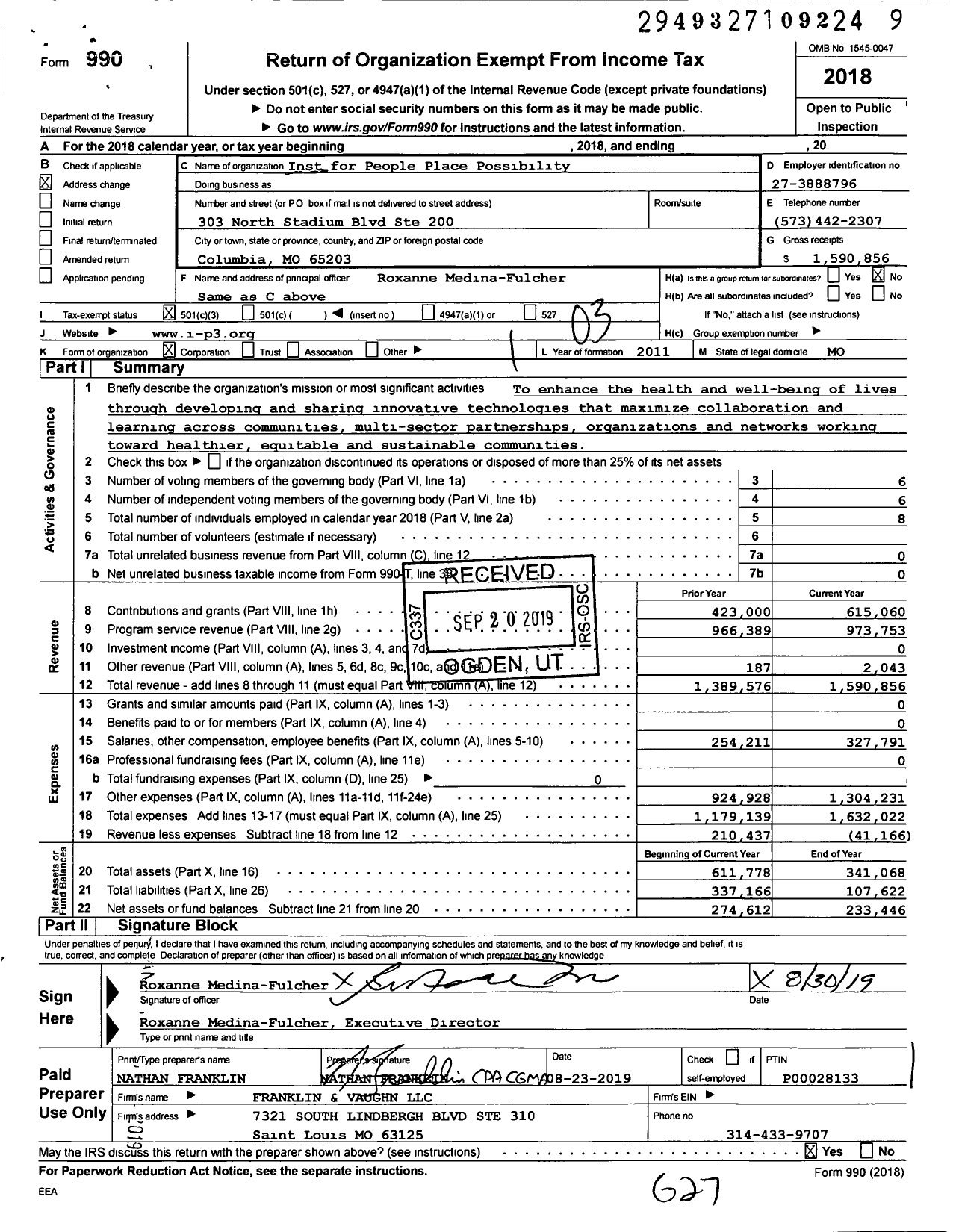 Image of first page of 2018 Form 990 for Inst for People Place Possibility