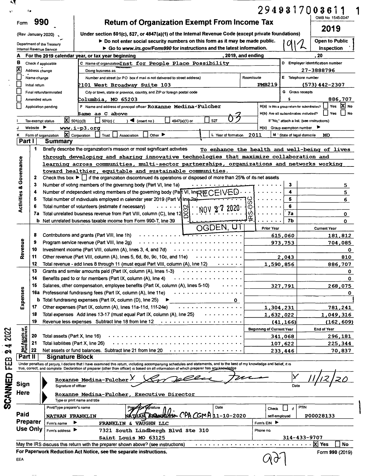 Image of first page of 2019 Form 990 for Inst for People Place Possibility