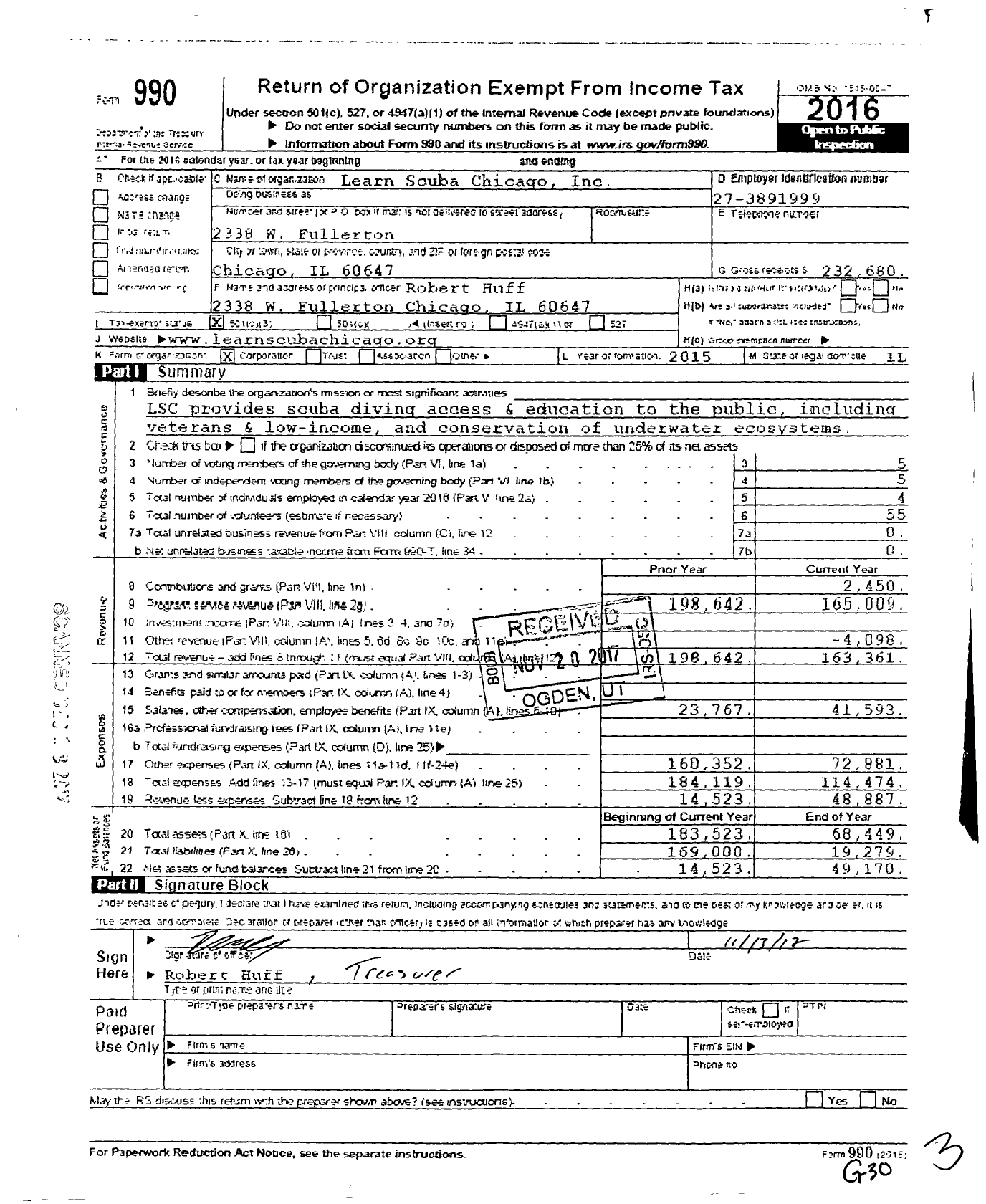 Image of first page of 2016 Form 990 for Learn Scuba Chicago