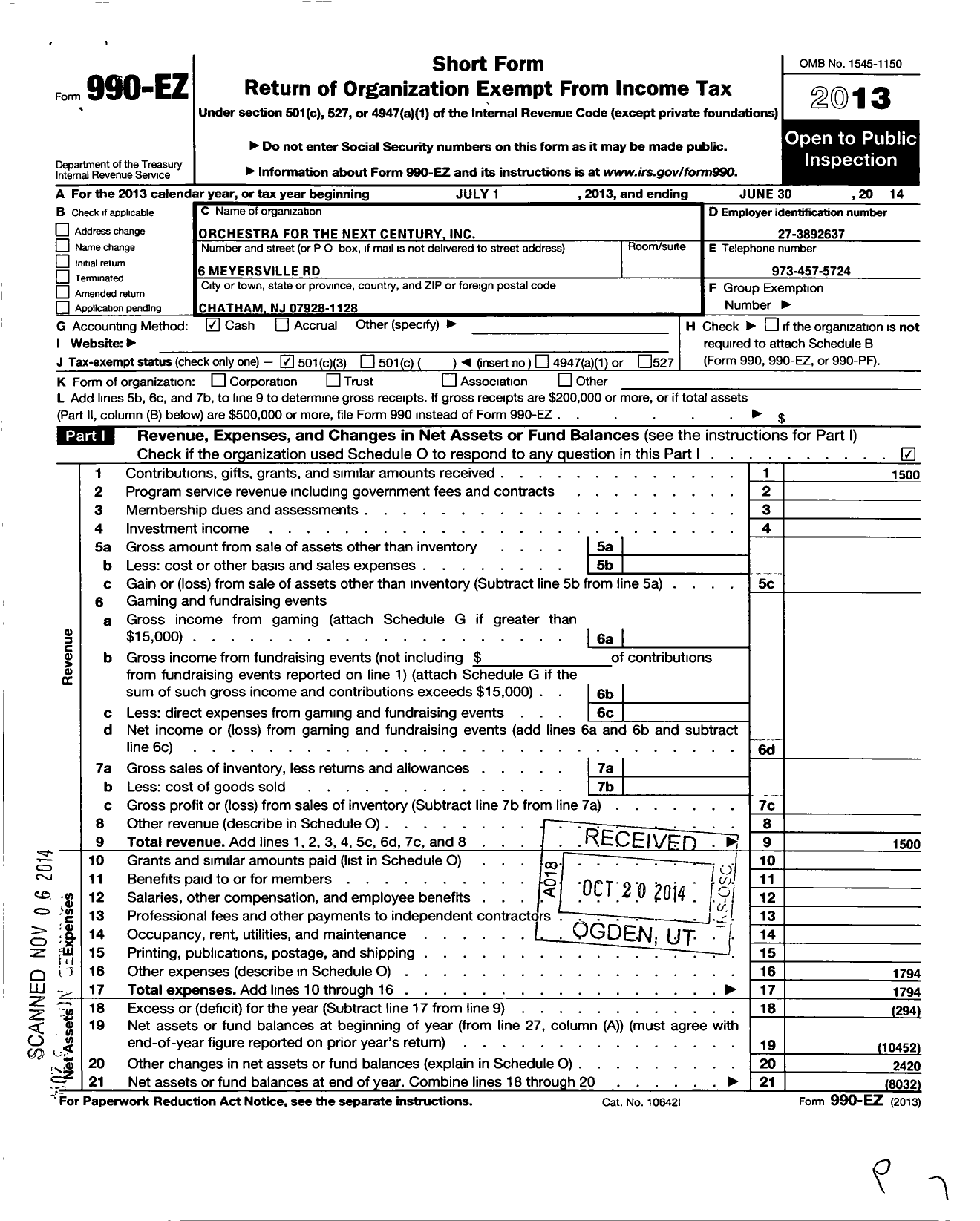 Image of first page of 2013 Form 990EZ for Orchestra for the Next Century