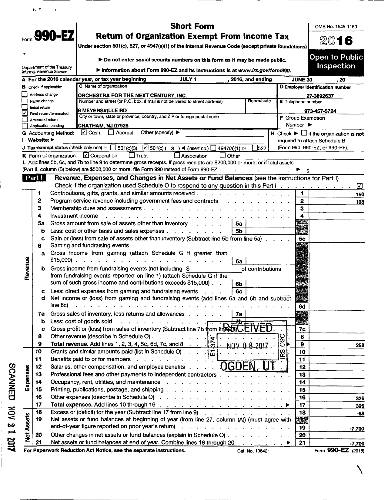 Image of first page of 2015 Form 990EZ for Orchestra for the Next Century