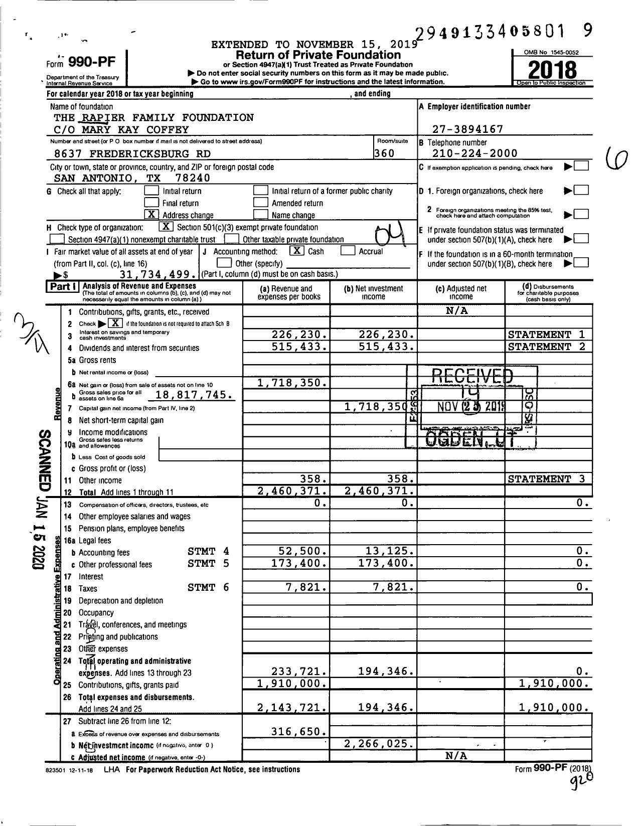 Image of first page of 2018 Form 990PF for The Rapier Family Foundation