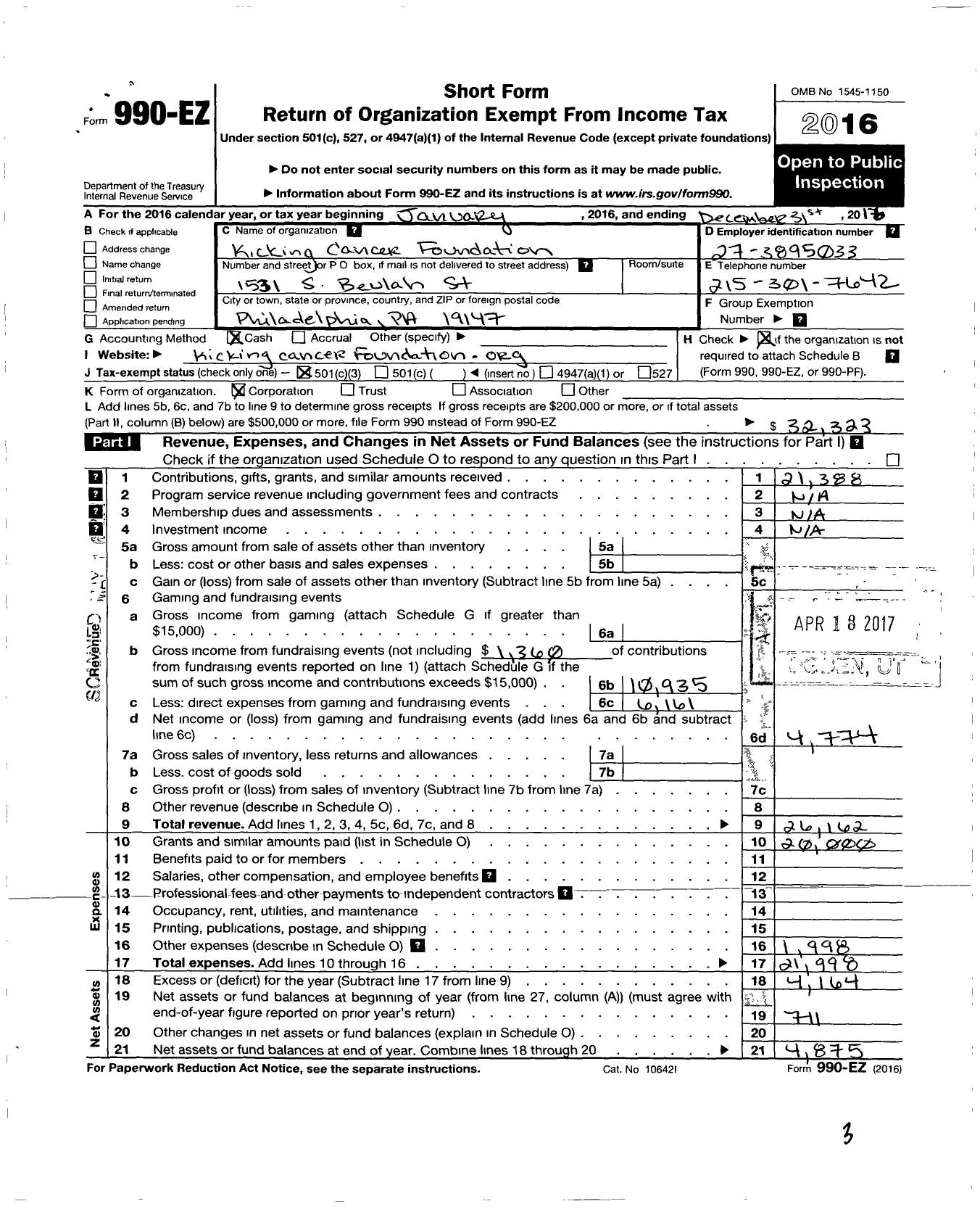 Image of first page of 2016 Form 990EZ for Kicking Cancer Foundation