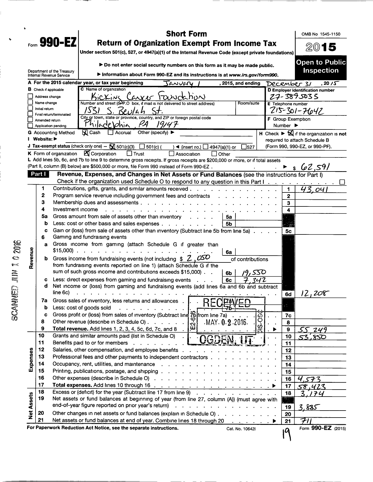 Image of first page of 2015 Form 990EZ for Kicking Cancer Foundation