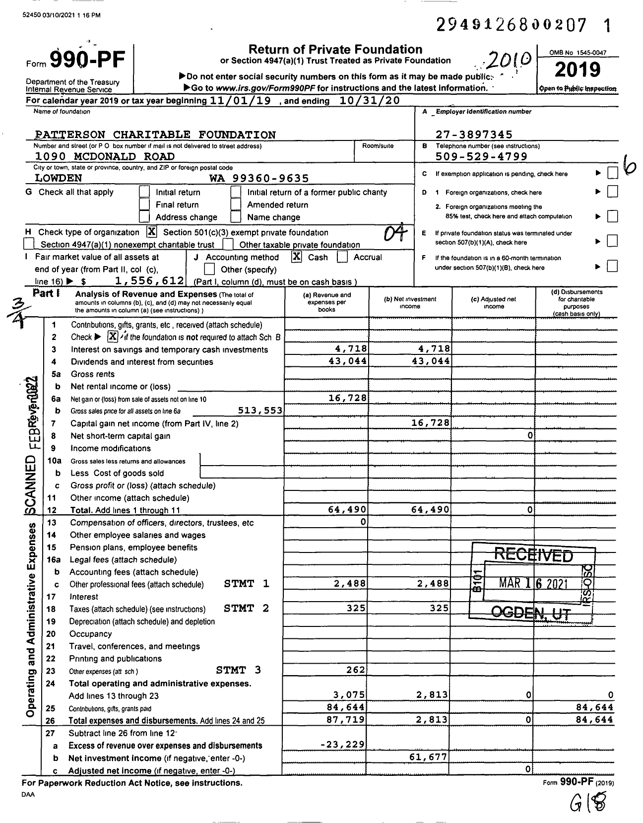 Image of first page of 2019 Form 990PF for Patterson Charitable Foundation