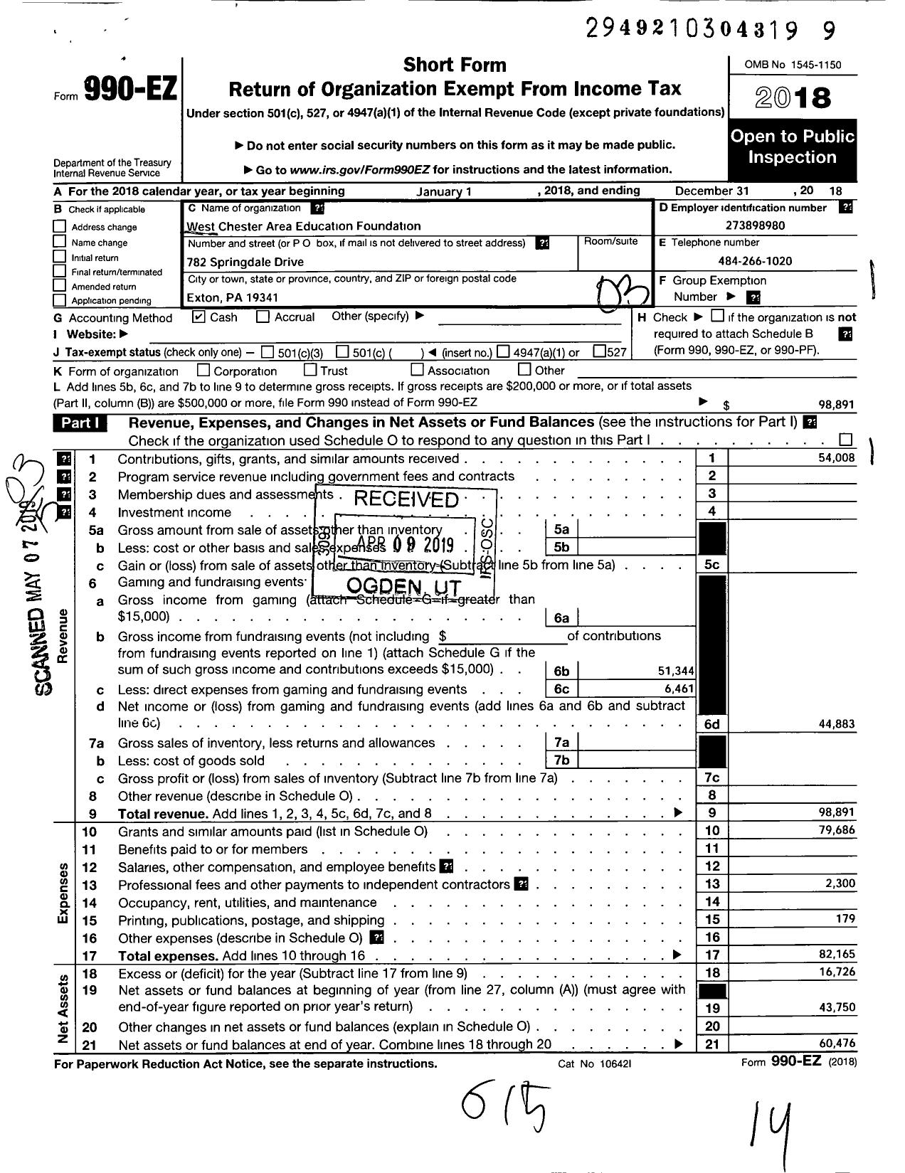 Image of first page of 2018 Form 990EZ for West Chester Area Education Foundation