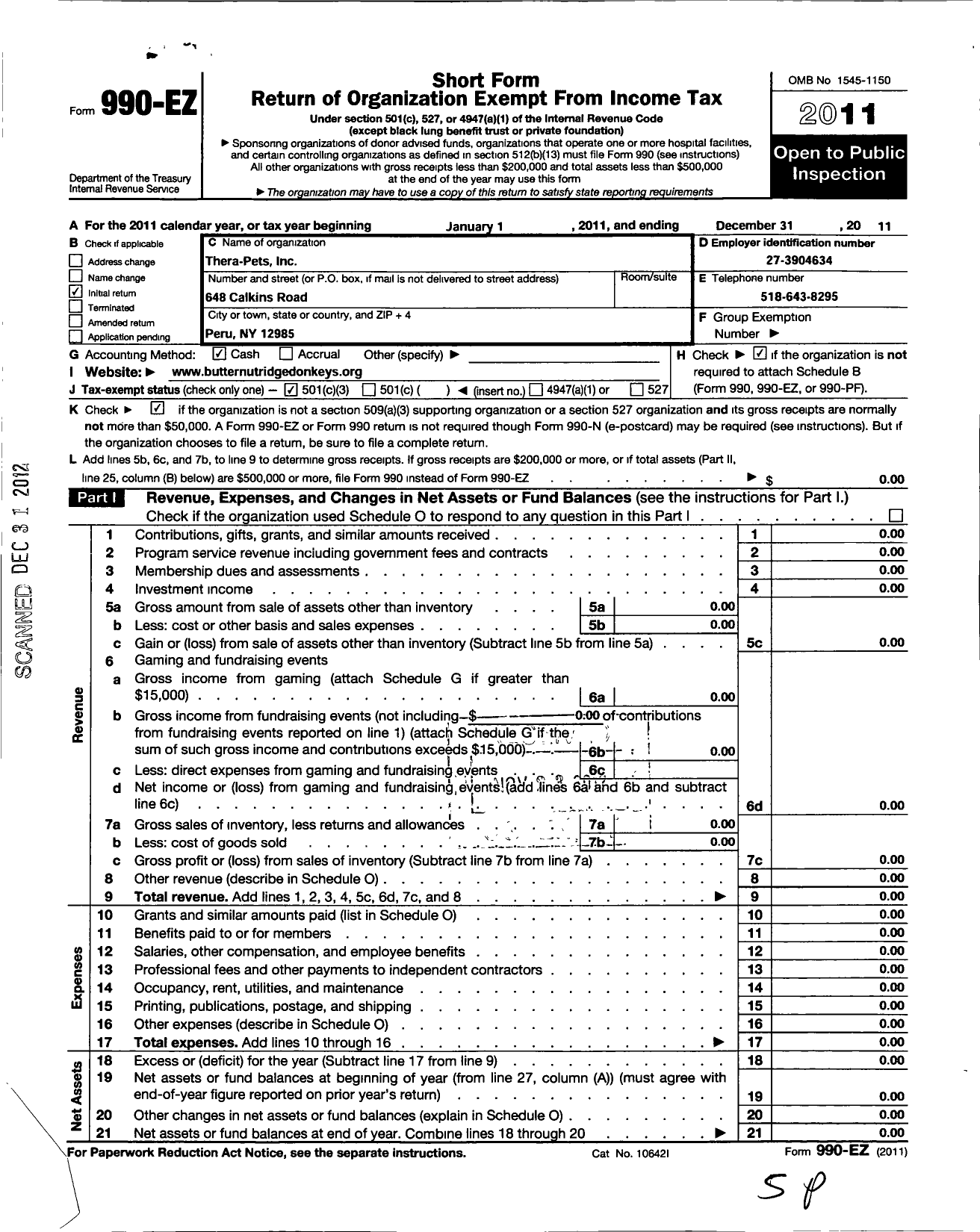 Image of first page of 2011 Form 990EZ for Thera-Pets