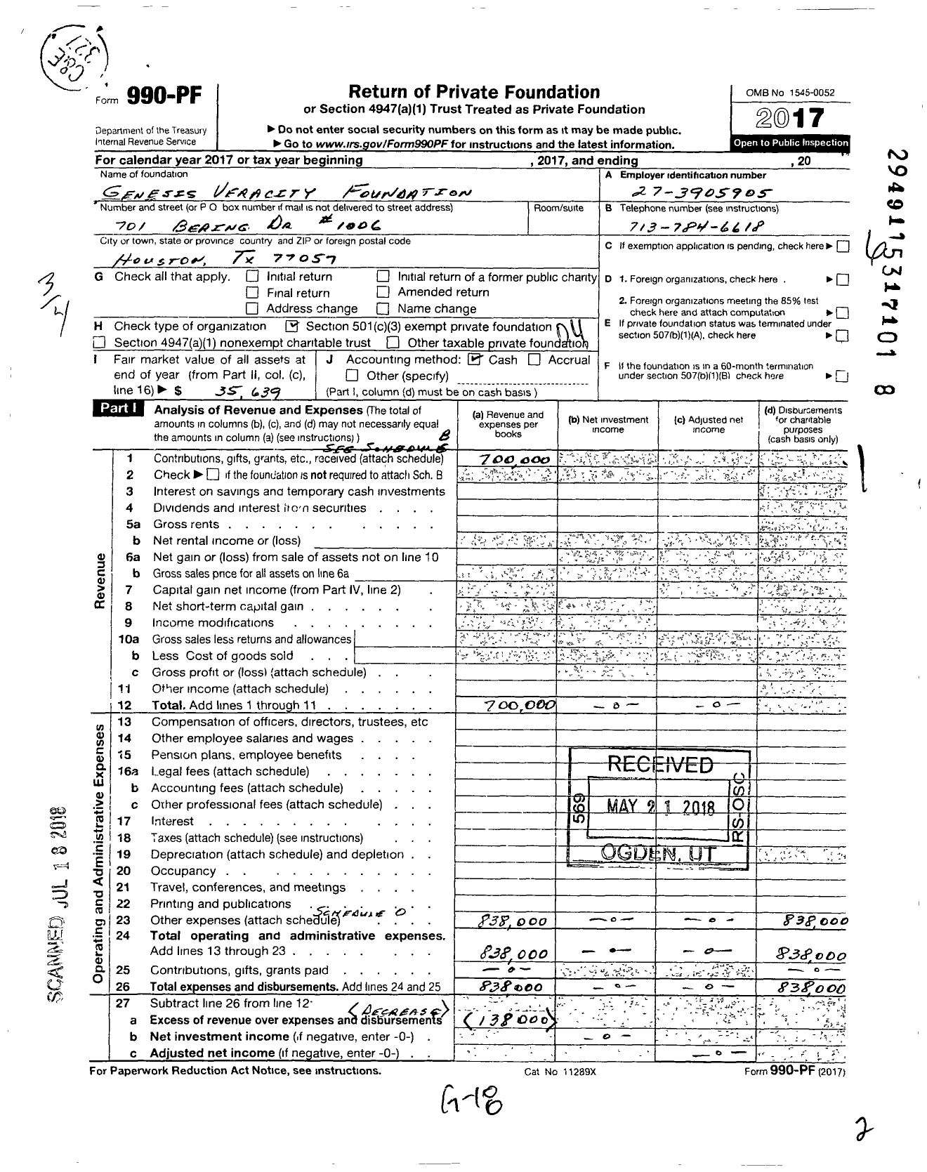 Image of first page of 2017 Form 990PF for Genesis Veracity Foundation