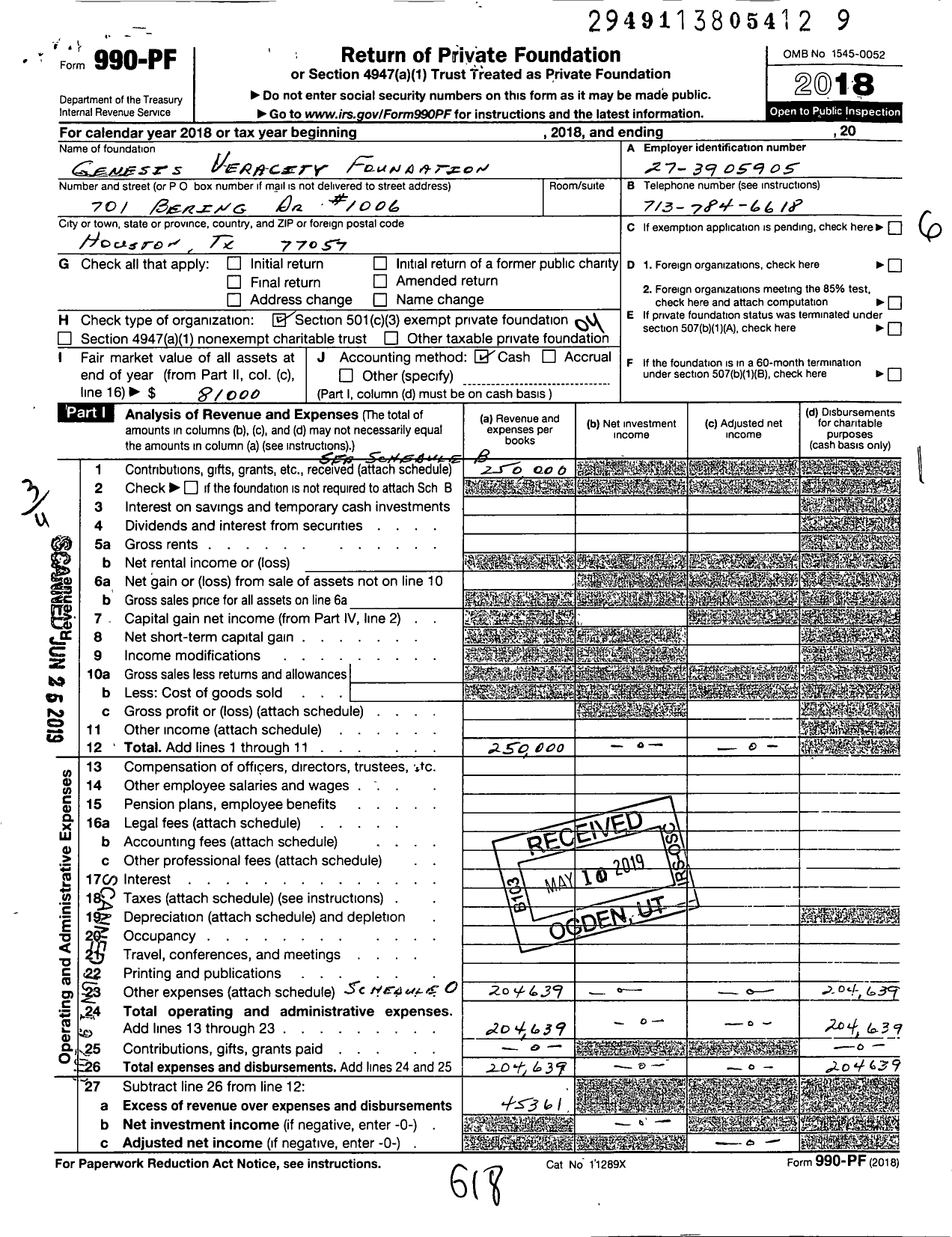 Image of first page of 2018 Form 990PF for Genesis Veracity Foundation