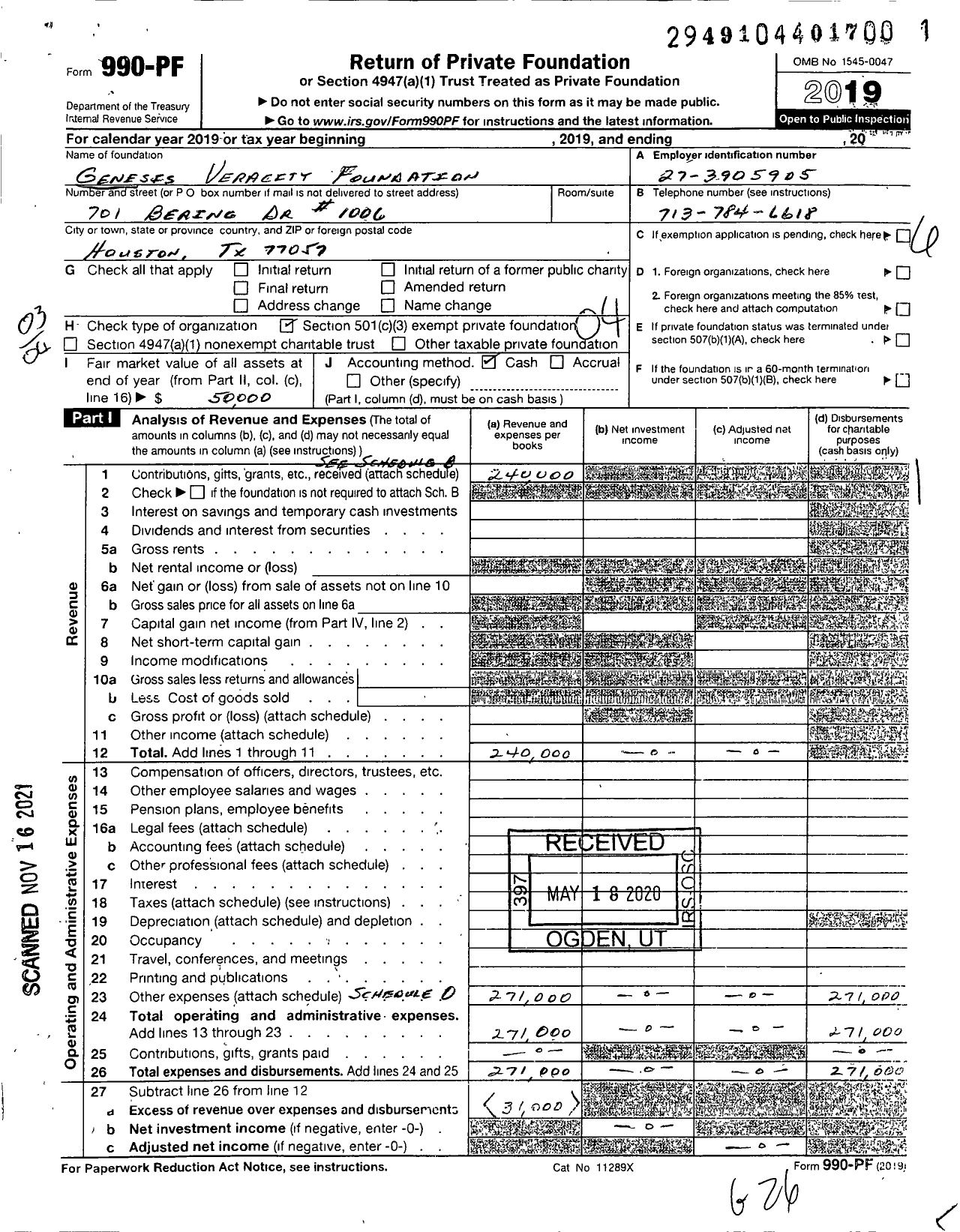 Image of first page of 2019 Form 990PF for Genesis Veracity Foundation